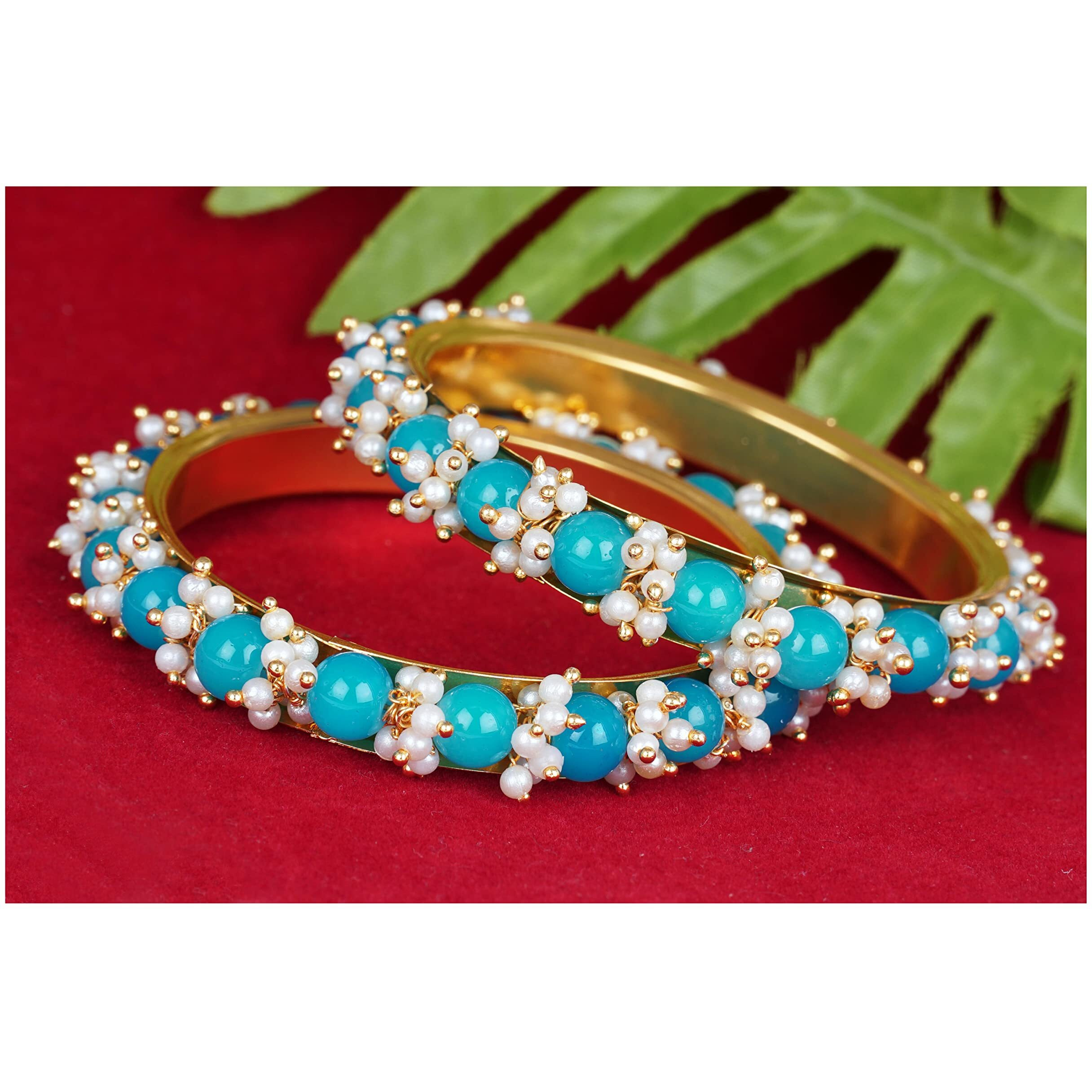 JFL - Jewellery for Less Womens Fashion Gold Plated Cluster Pearl Beads Bangle Set (Dark Sky Blue),Valentine