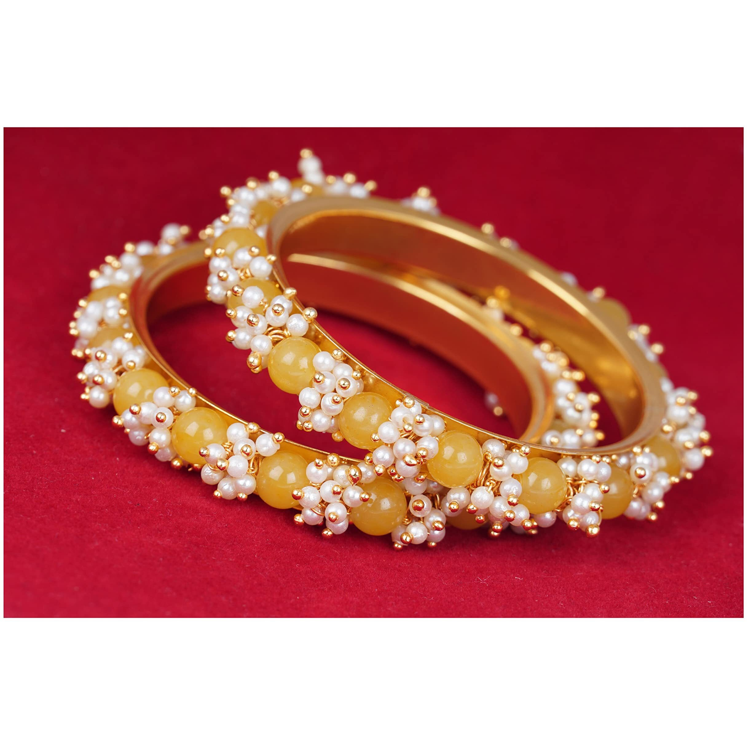 JFL - Jewellery for Less Womens Fashion Gold Plated Cluster Pearl and Dark Yellow Color Beads Bangle Set,Valentine