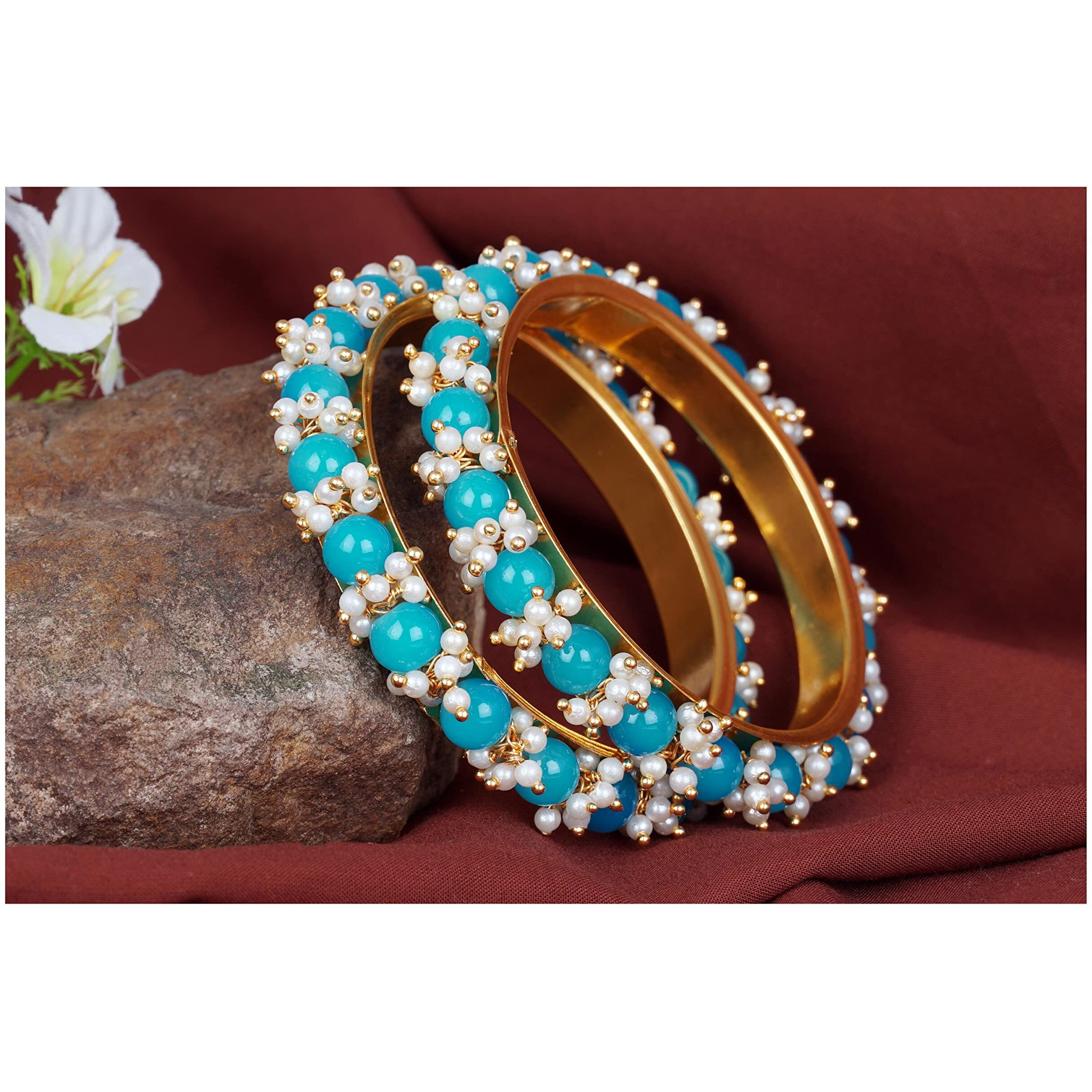 JFL - Jewellery for Less Womens Fashion Gold Plated Cluster Pearl and Dark Sky Blue Colour Beads Bangle Set,Valentine