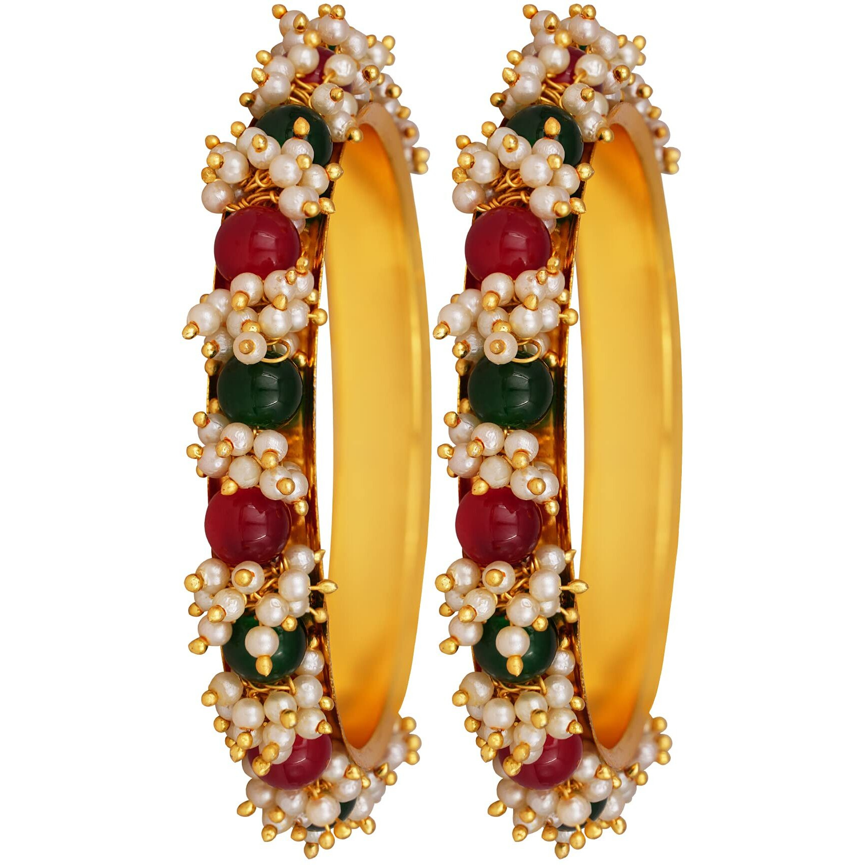 JFL - Jewellery for Less Fashion Gold Plated Cluster Pearl and Red & Green Color Beads Bangle Set (set of 2),Valentine