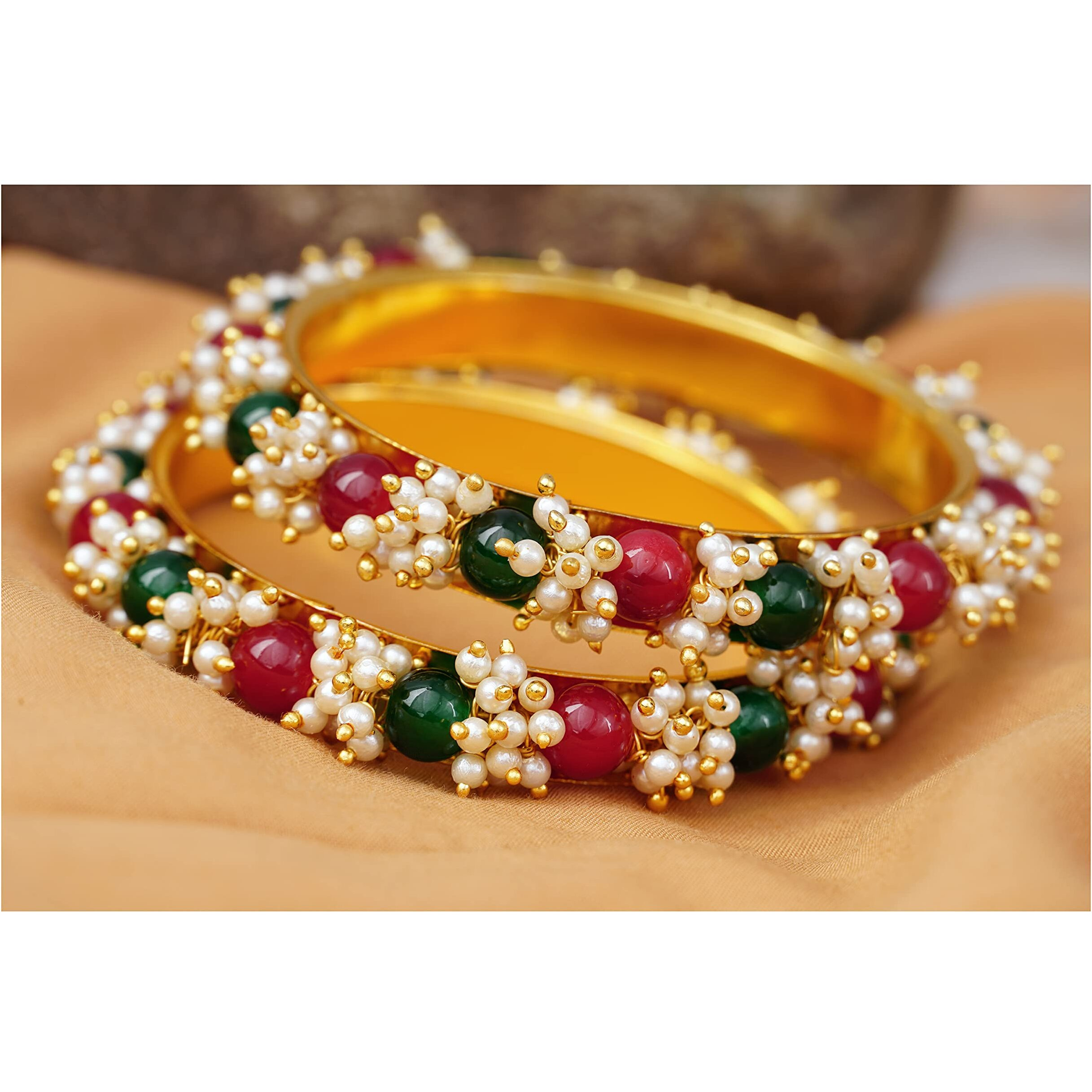 JFL - Jewellery for Less Fashion Gold Plated Cluster Pearl and Red & Green Color Beads Bangle Set (set of 2),Valentine