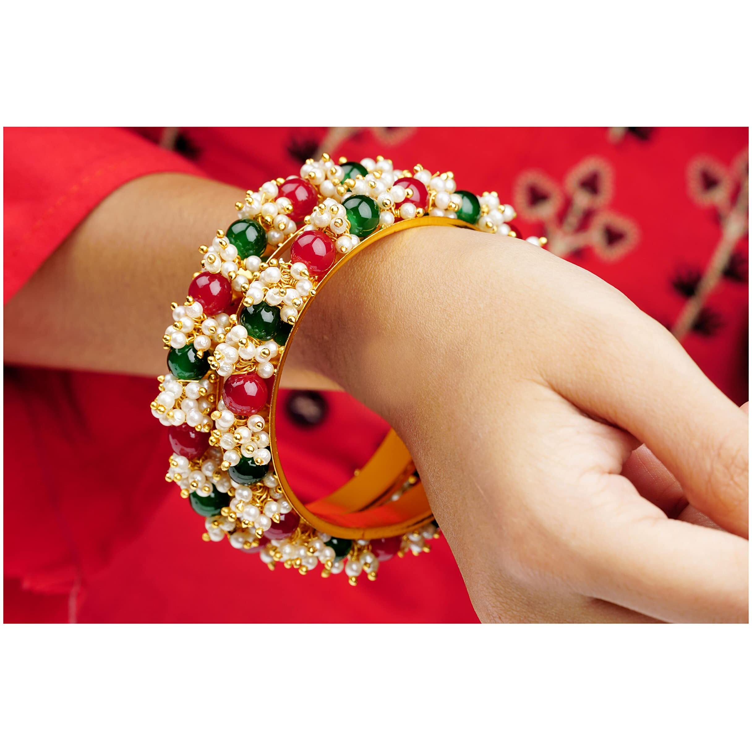 JFL - Jewellery for Less Fashion Gold Plated Cluster Pearl and Red & Green Color Beads Bangle Set (set of 2),Valentine