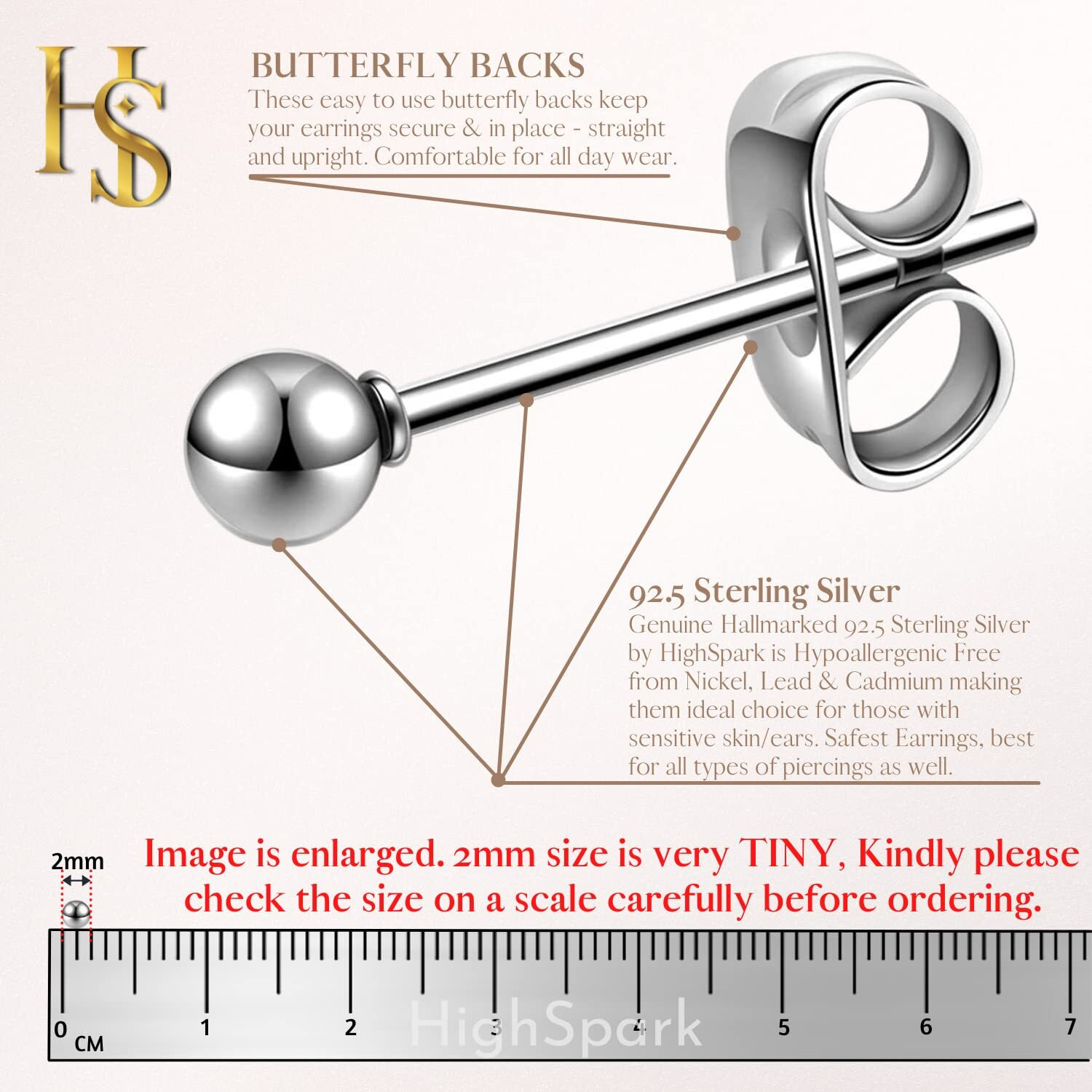 HIGHSPARK 925 Silver Ball Earrings | 92.5 Sterling Silver Plain Ball Stud Earrings for Women Men Boys & Girls | Silver 2mm