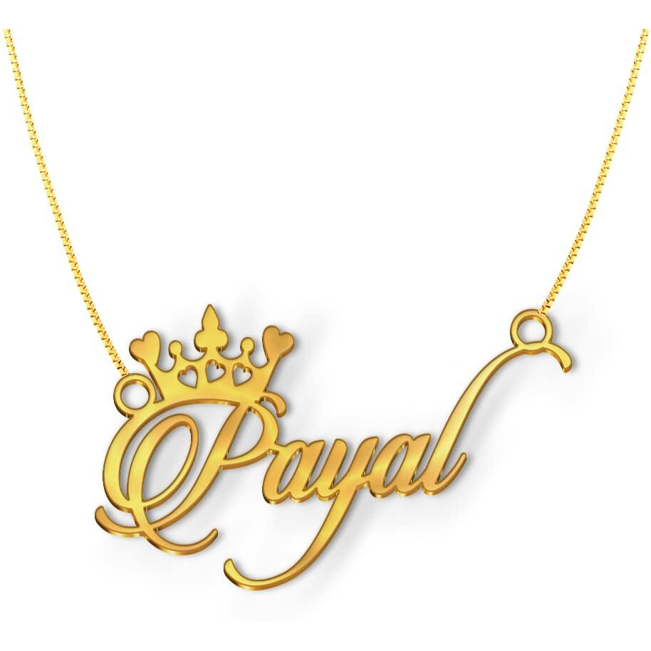 DREAMRAX Payal Gold Crown Chain Name Pendant Necklace, Best Jewelry Gift for Girls (Style 15 -Crown Gold Cursive Name).