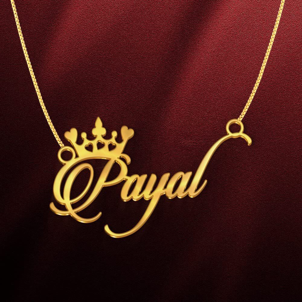 DREAMRAX Payal Gold Crown Chain Name Pendant Necklace, Best Jewelry Gift for Girls (Style 15 -Crown Gold Cursive Name).