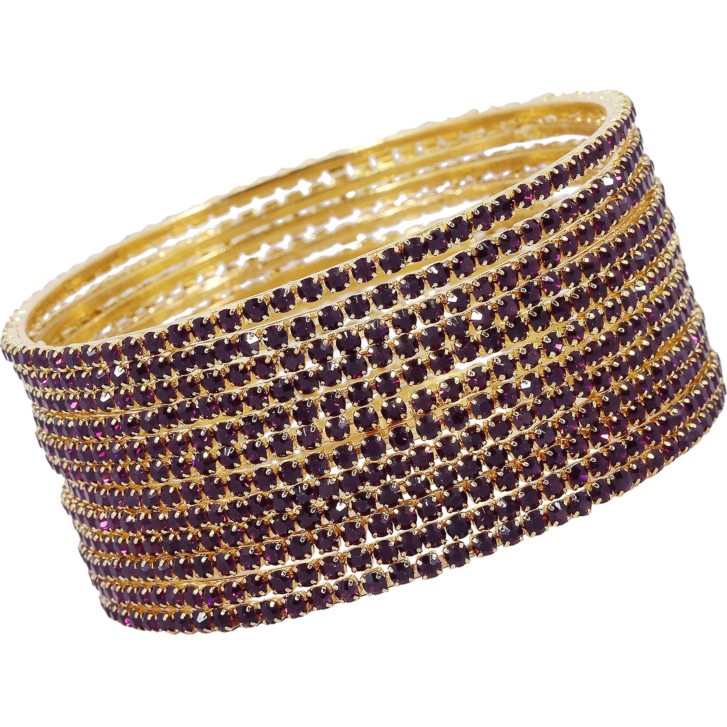 ZULKA Non-Precious Metal Base Metal with Zircon Gemstone Studded worked Glossy Finished Bangle Set For Women and Girls, (Dark Magenta_2.8 Inches), Pack Of 12 Bangle Set