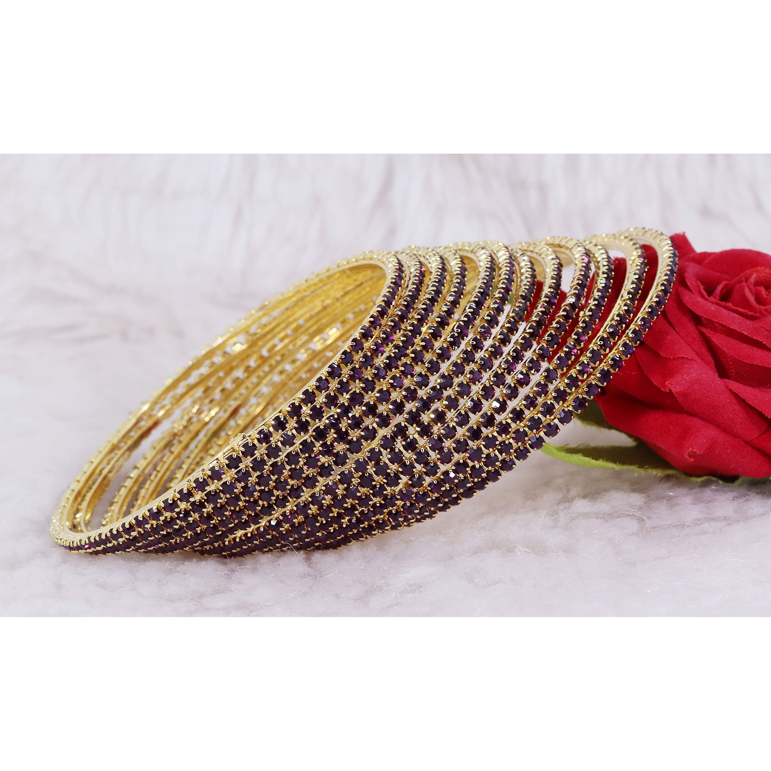 ZULKA Non-Precious Metal Base Metal with Zircon Gemstone Studded worked Glossy Finished Bangle Set For Women and Girls, (Dark Magenta_2.8 Inches), Pack Of 12 Bangle Set