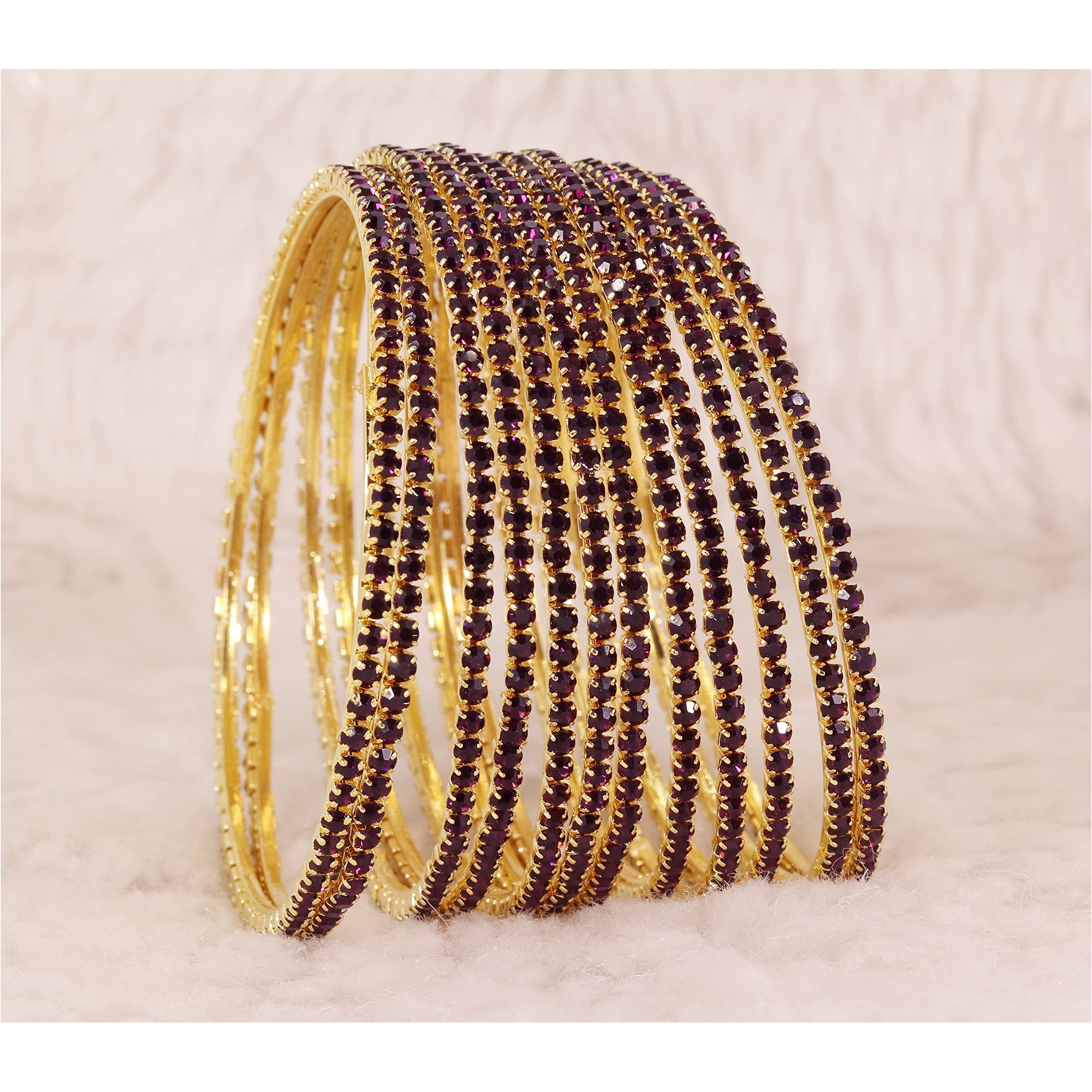 ZULKA Non-Precious Metal Base Metal with Zircon Gemstone Studded worked Glossy Finished Bangle Set For Women and Girls, (Dark Magenta_2.8 Inches), Pack Of 12 Bangle Set