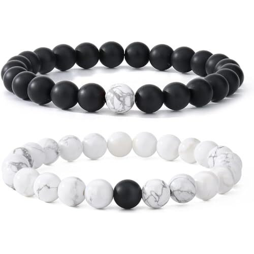 Hot And Bold Men Couple Beads Long Distance Bracelets With Natural Stones And Healing Properties - His & Hers Matching Set. (Yin And Yang Harmony Bracelets (Howlite + Onyx))