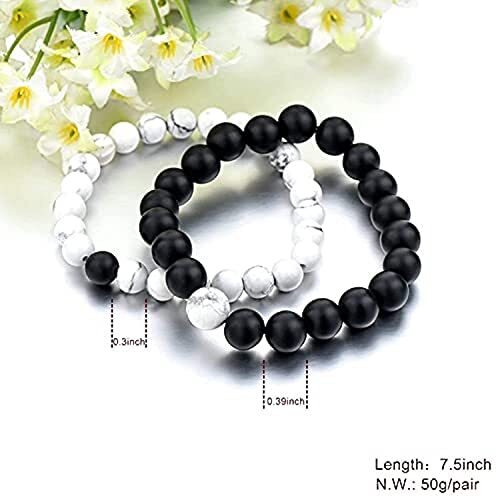 Hot And Bold Men Couple Beads Long Distance Bracelets With Natural Stones And Healing Properties - His & Hers Matching Set. (Yin And Yang Harmony Bracelets (Howlite + Onyx))