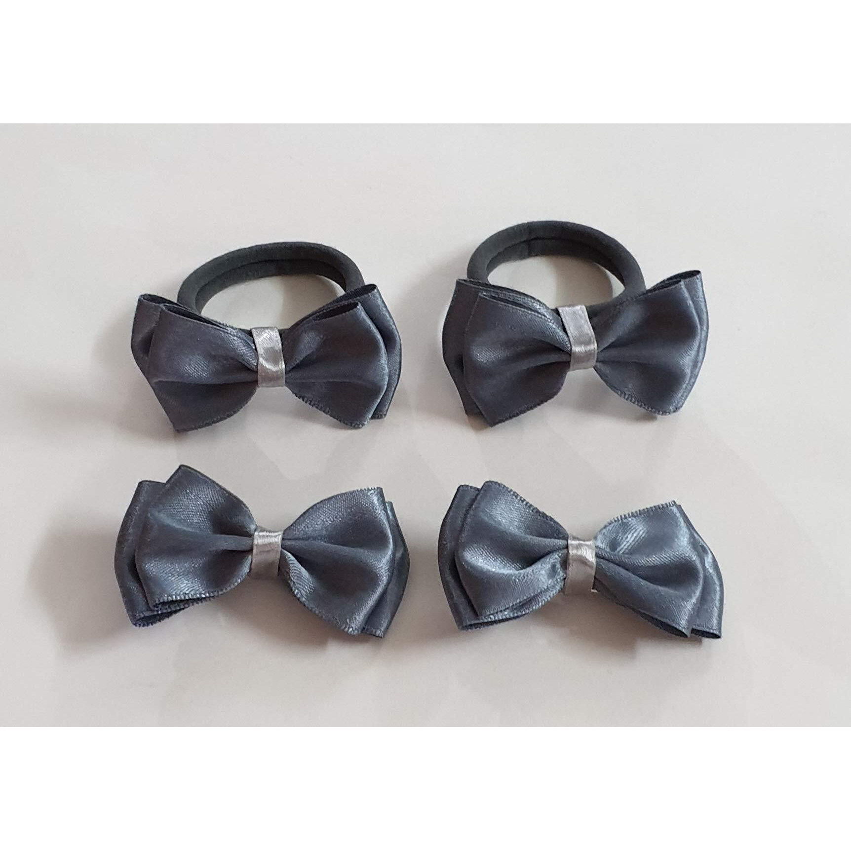 Belleza Crafting with Creativity Grey Colour Hair Accessories Set-4/ Bow Hairclip and Bow Ponytail Band/Combo Set for Girls Pattern1A