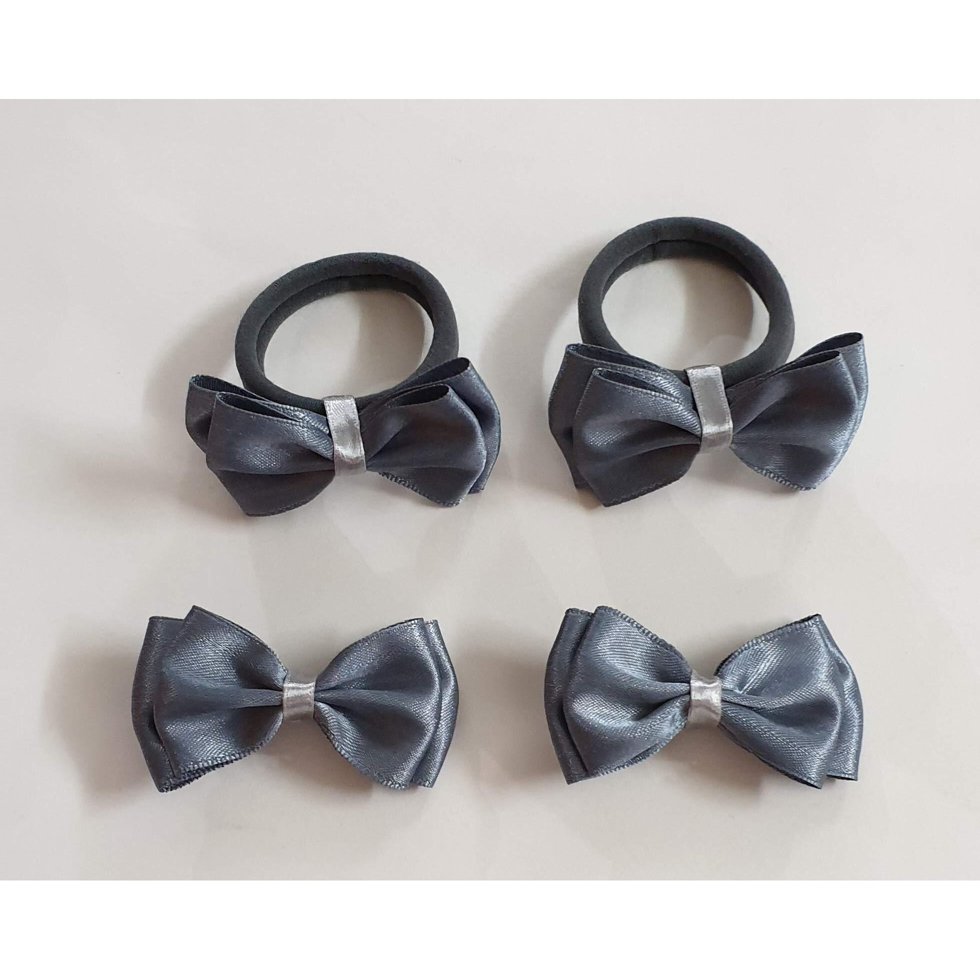 Belleza Crafting with Creativity Grey Colour Hair Accessories Set-4/ Bow Hairclip and Bow Ponytail Band/Combo Set for Girls Pattern1A