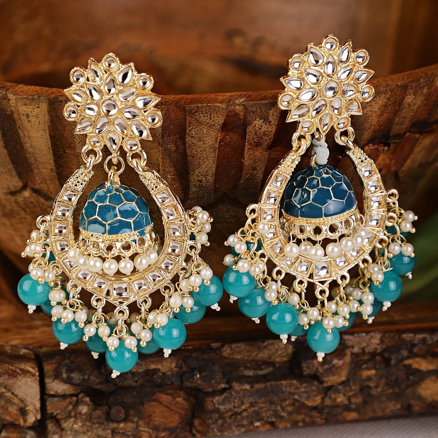 Shining Diva Fashion Latest Stylish Traditional Kundan Earrings for Women and Girls (13595er)(Blue)