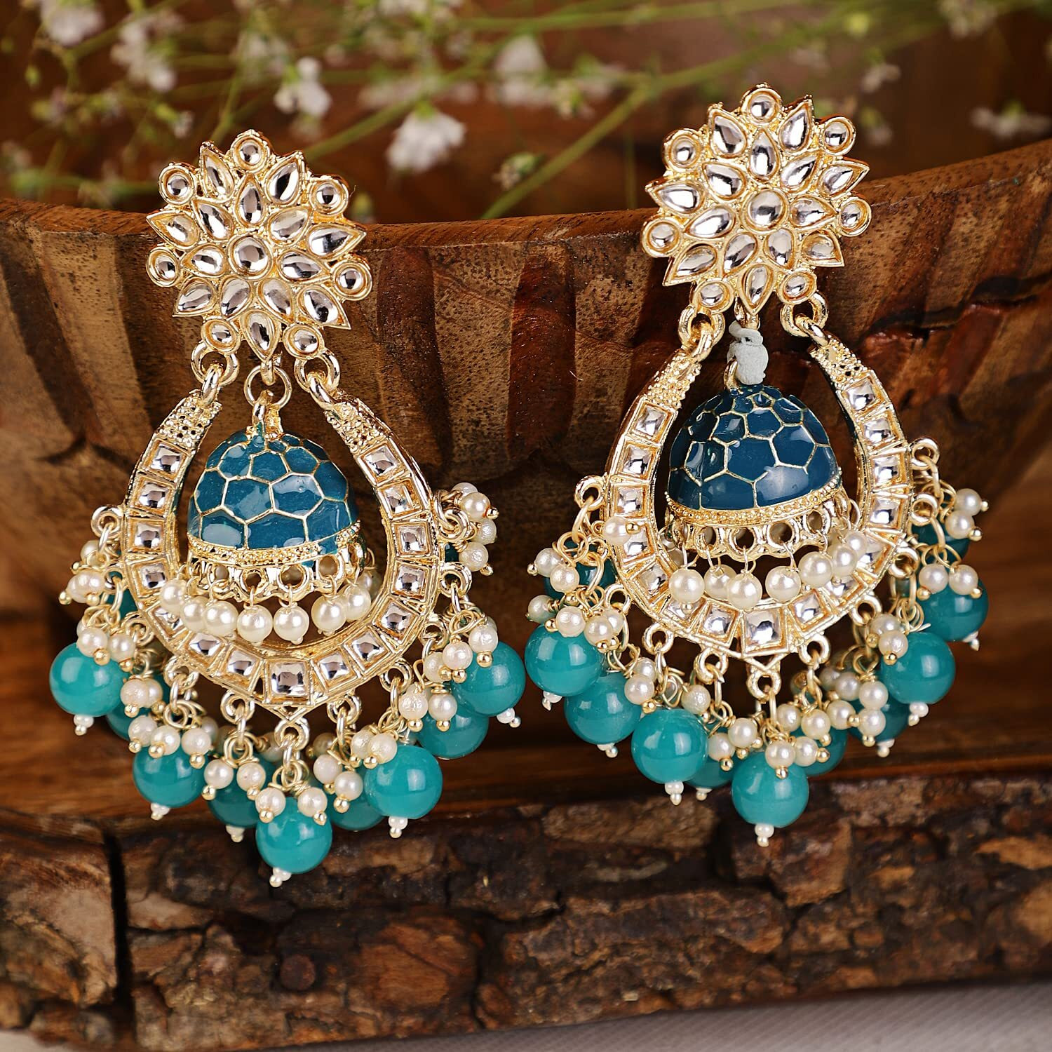 Shining Diva Fashion Latest Stylish Traditional Kundan Earrings for Women and Girls (13595er)(Blue)