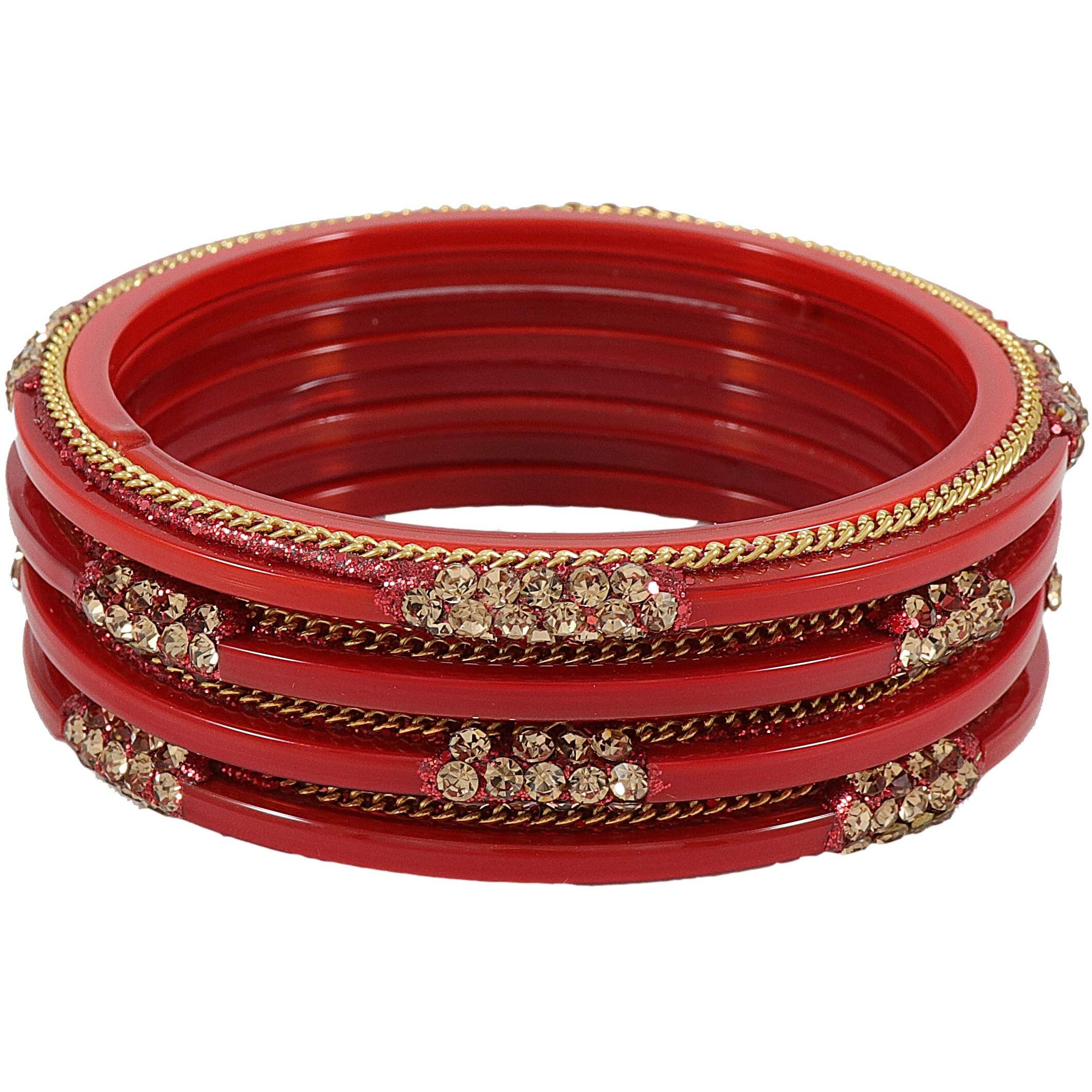 ZULKA Glass with Zircon Gemstone Or Spread with Glitter Pattern and Linked with Chain Glossy Finished Kada Set For Women and Girls, (Tamatri_2.6 Inches), Pack Of 4 Kada Set