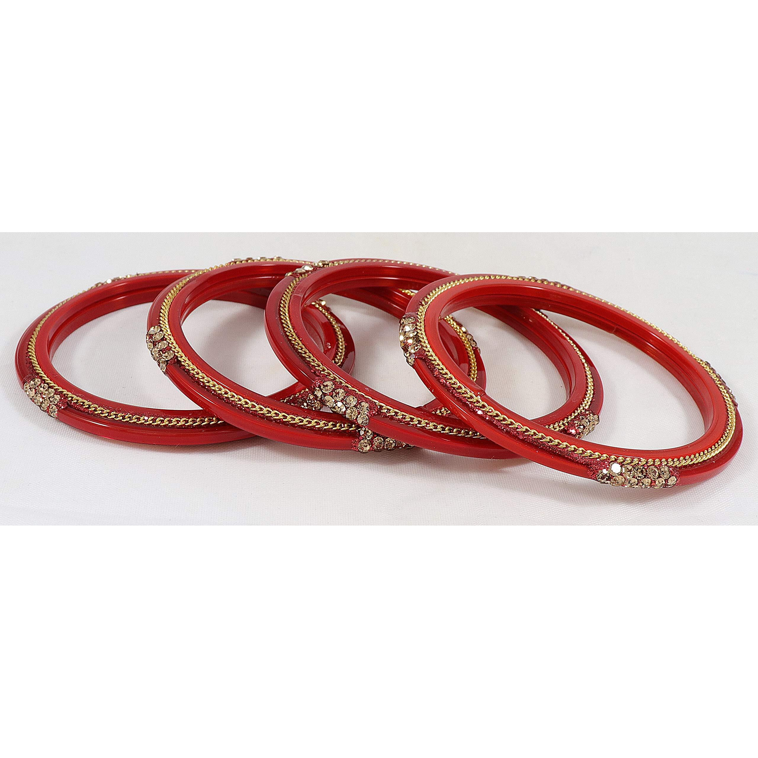 ZULKA Glass with Zircon Gemstone Or Spread with Glitter Pattern and Linked with Chain Glossy Finished Kada Set For Women and Girls, (Tamatri_2.6 Inches), Pack Of 4 Kada Set