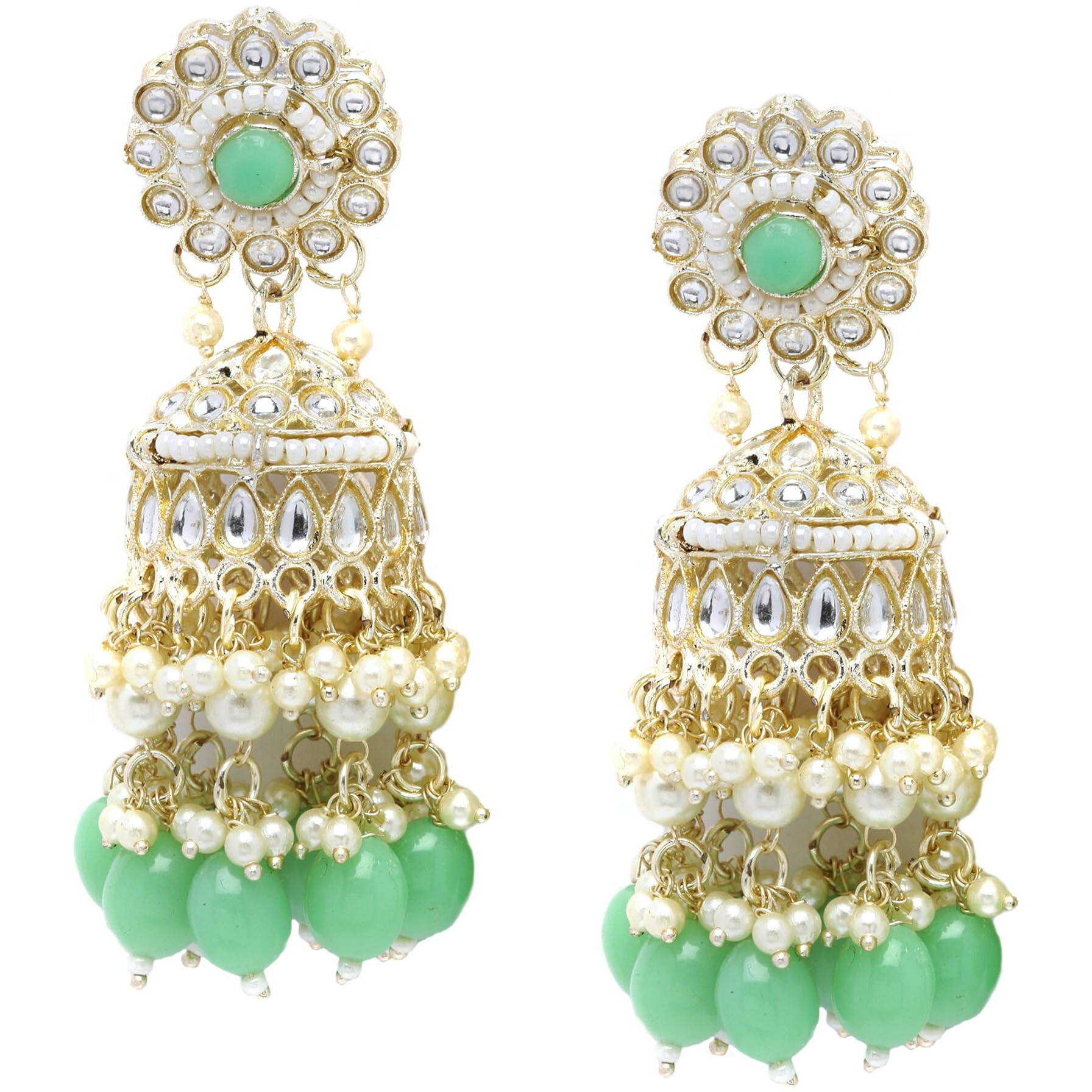 ZENEME Gold-Plated Kundan & Pearls studded Flower Shaped Vilandi Jhumka Earrings For Women & Girls