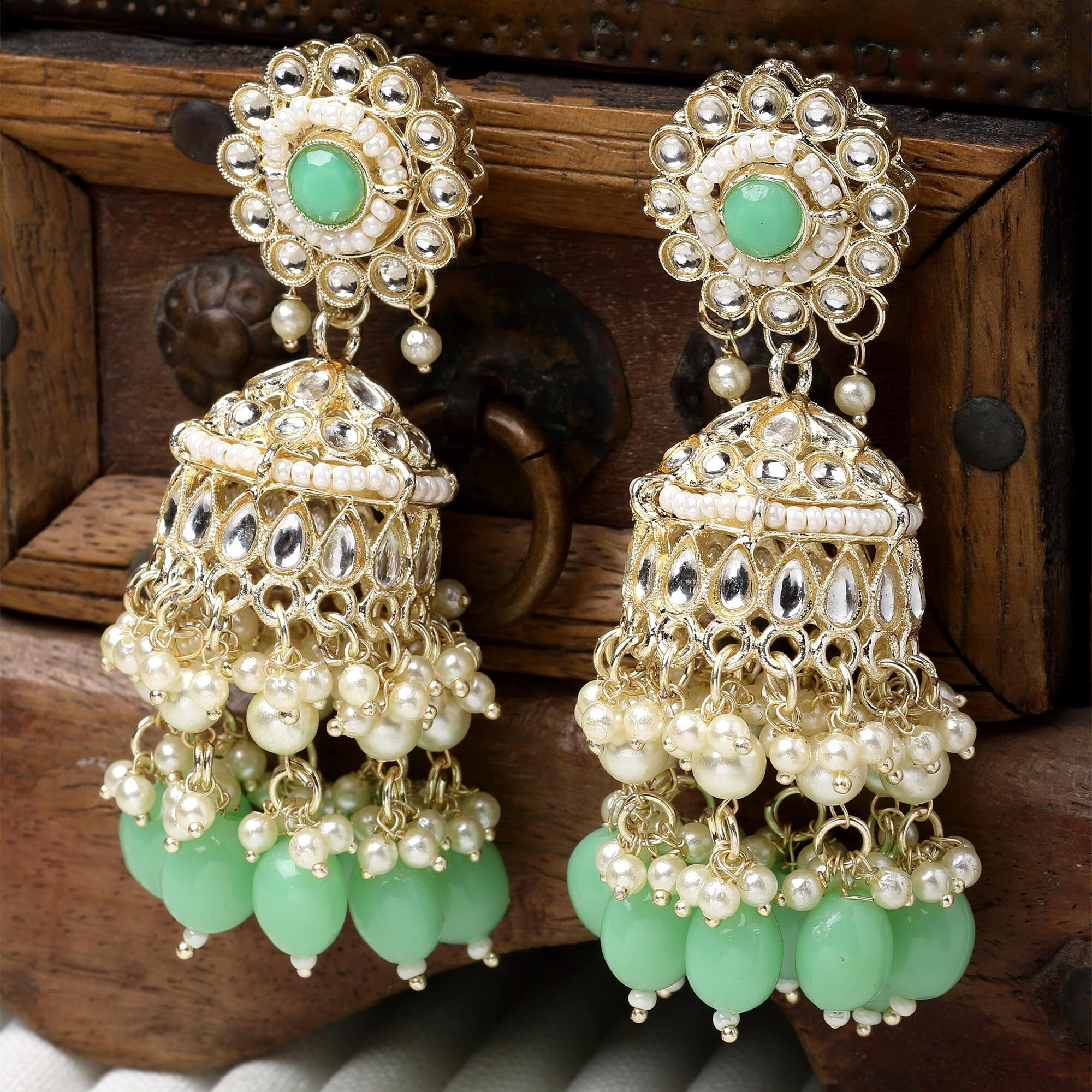 ZENEME Gold-Plated Kundan & Pearls studded Flower Shaped Vilandi Jhumka Earrings For Women & Girls