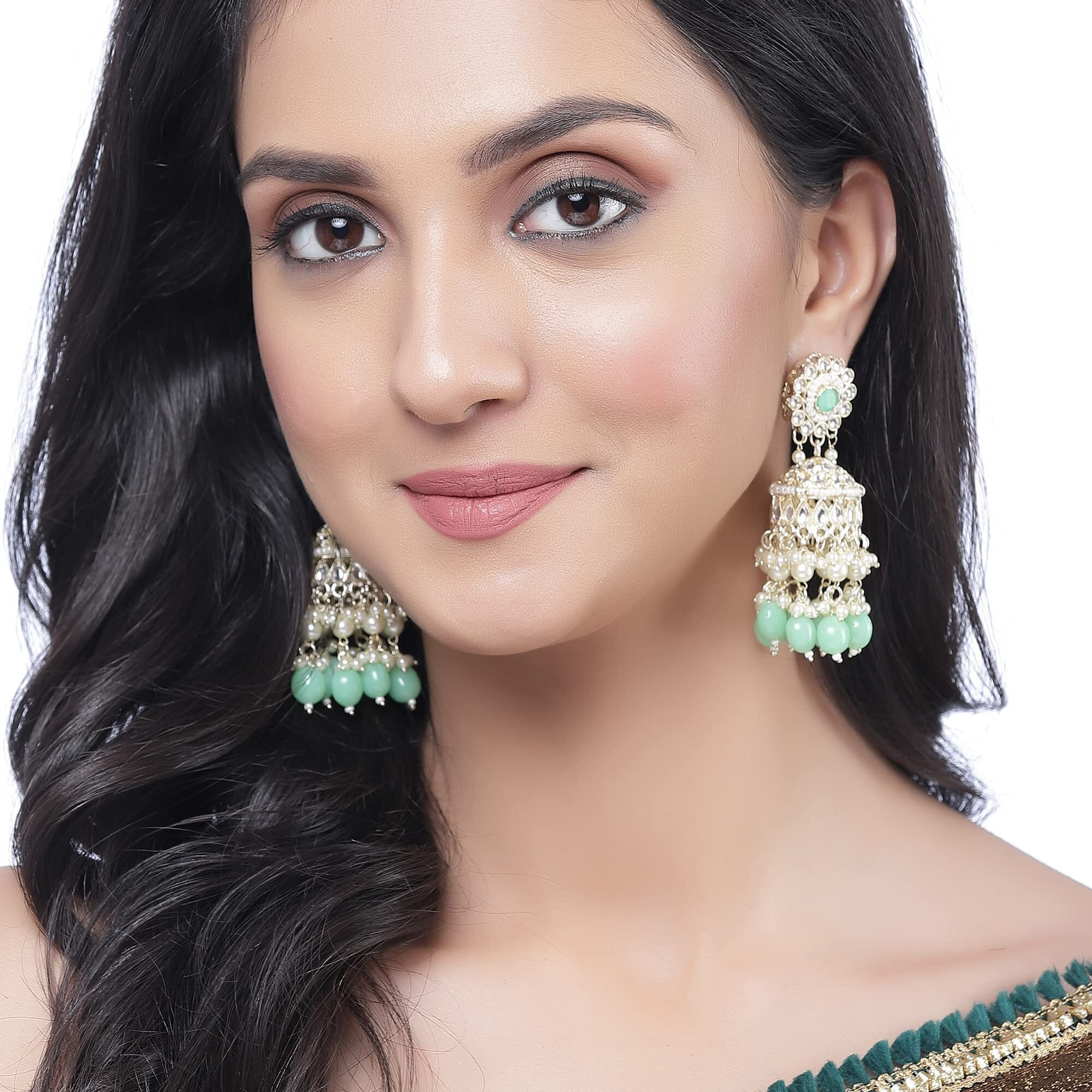 ZENEME Gold-Plated Kundan & Pearls studded Flower Shaped Vilandi Jhumka Earrings For Women & Girls