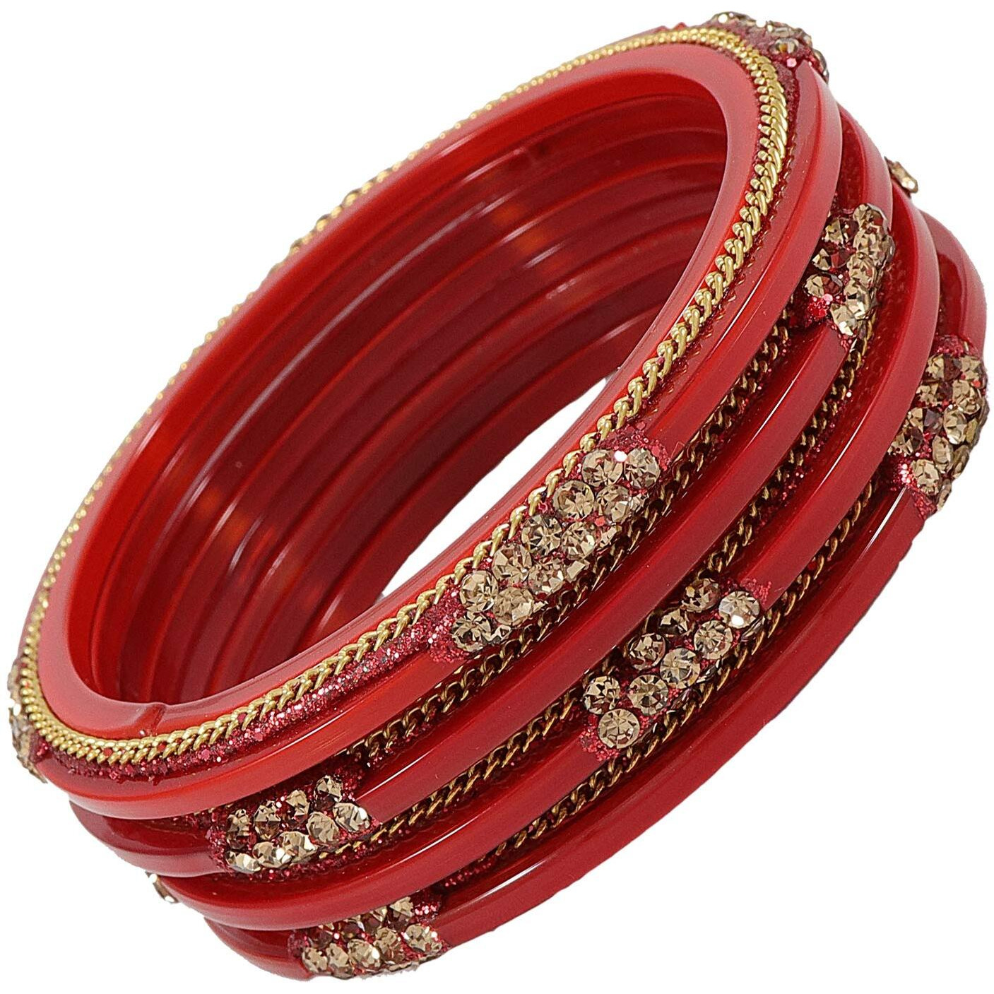 ZULKA Glass with Zircon Gemstone Or Spread with Glitter Pattern and Linked with Chain Glossy Finished Kada Set For Women and Girls, (Tamatri_2.8 Inches), Pack Of 4 Kada Set