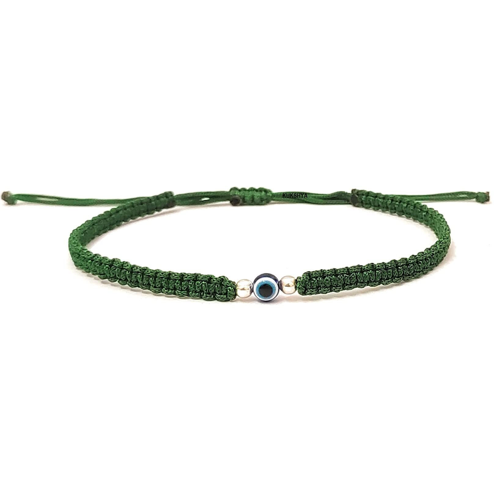 KUKSHYA JEWELLERS Exclusive 925 Sterling Silver 2 Ball + Evil Eye Charm Thread(Dhaga) Nazariya Anklet Adjustable|Nazar Battu| For Women & Girls 1 Piece (TP 093)(Green)