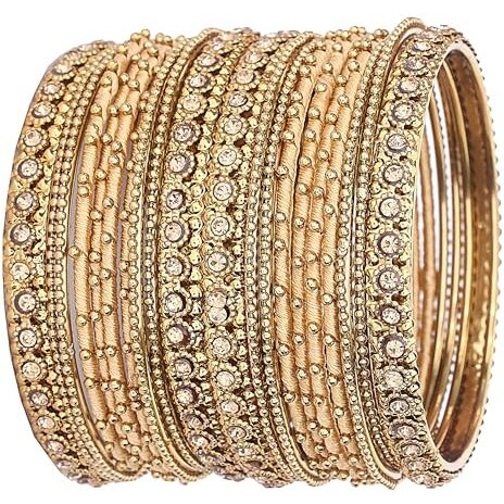 NMII Metal with Golden Zircon Gemstone & Silk Thread Studded worked Ball Chain Linked Stylish Bangle Set For Women and Girls- Pack of 20, (G413_Golden-2.4)
