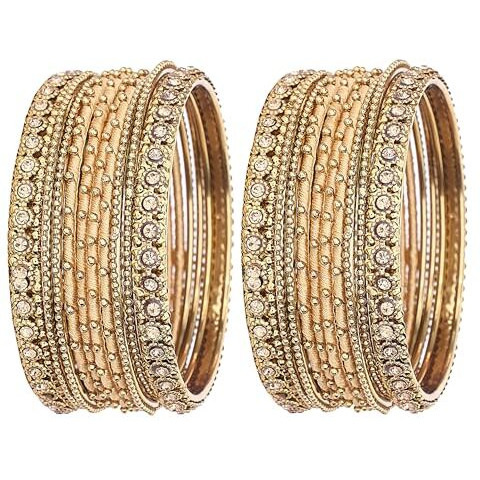 NMII Metal with Golden Zircon Gemstone & Silk Thread Studded worked Ball Chain Linked Stylish Bangle Set For Women and Girls- Pack of 20, (G413_Golden-2.4)