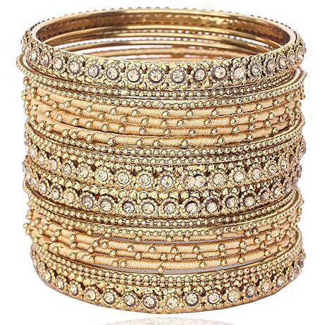 NMII Metal with Golden Zircon Gemstone & Silk Thread Studded worked Ball Chain Linked Stylish Bangle Set For Women and Girls- Pack of 20, (G413_Golden-2.4)
