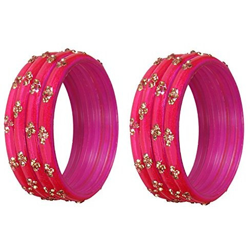 NMII Glass with Zircon Gemstone Or Beads Studded worked Glossy Finished Kada Set For Women and Girls, (Magenta1_2.4 Inches), Pack Of 8 Kada Set