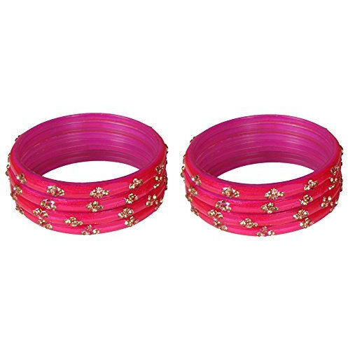 NMII Glass with Zircon Gemstone Or Beads Studded worked Glossy Finished Kada Set For Women and Girls, (Magenta1_2.4 Inches), Pack Of 8 Kada Set