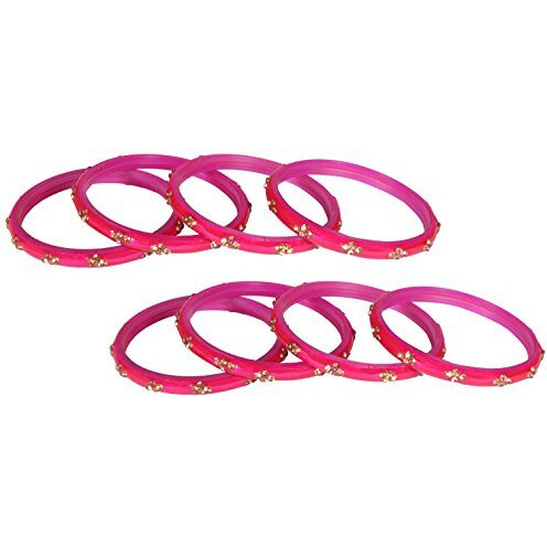 NMII Glass with Zircon Gemstone Or Beads Studded worked Glossy Finished Kada Set For Women and Girls, (Magenta1_2.4 Inches), Pack Of 8 Kada Set