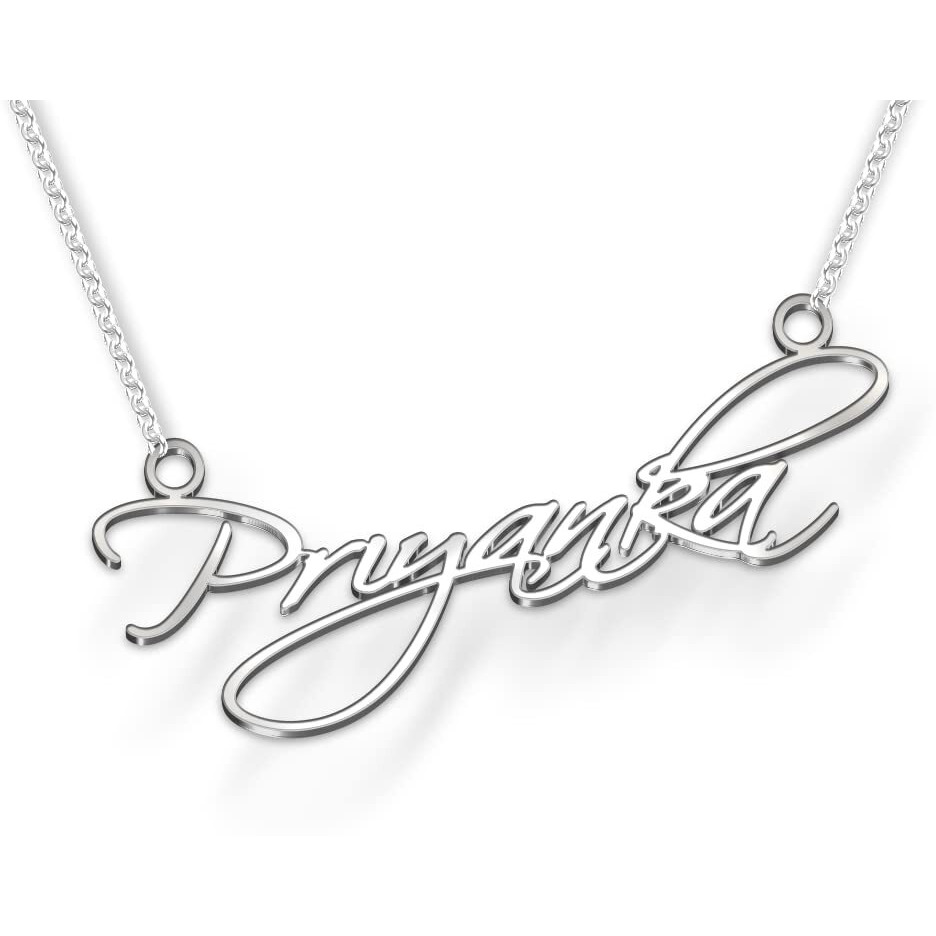 DREAMRAX Priyanka Cursive Silver Name Pendant Necklace, Best Jewelry Gift for Girls (Style 12 - Silver Cursive Name)