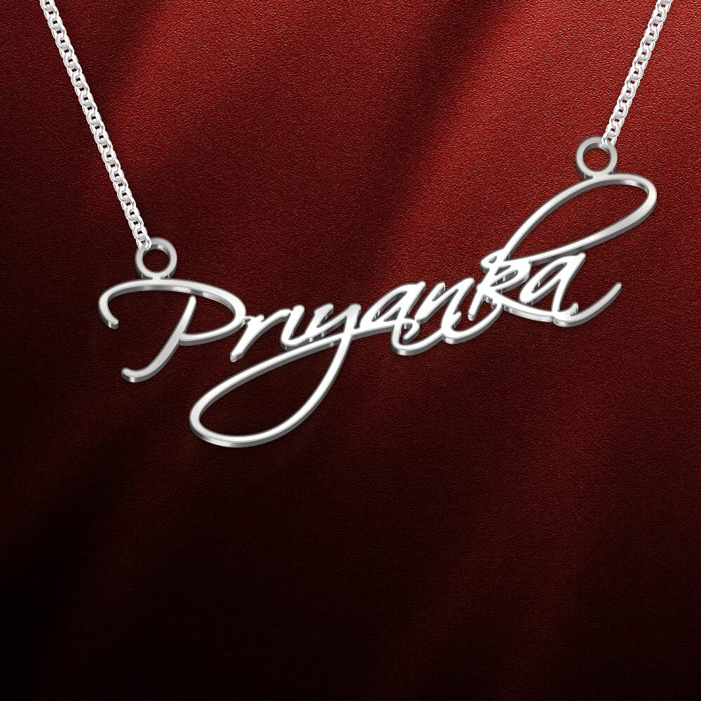 DREAMRAX Priyanka Cursive Silver Name Pendant Necklace, Best Jewelry Gift for Girls (Style 12 - Silver Cursive Name)