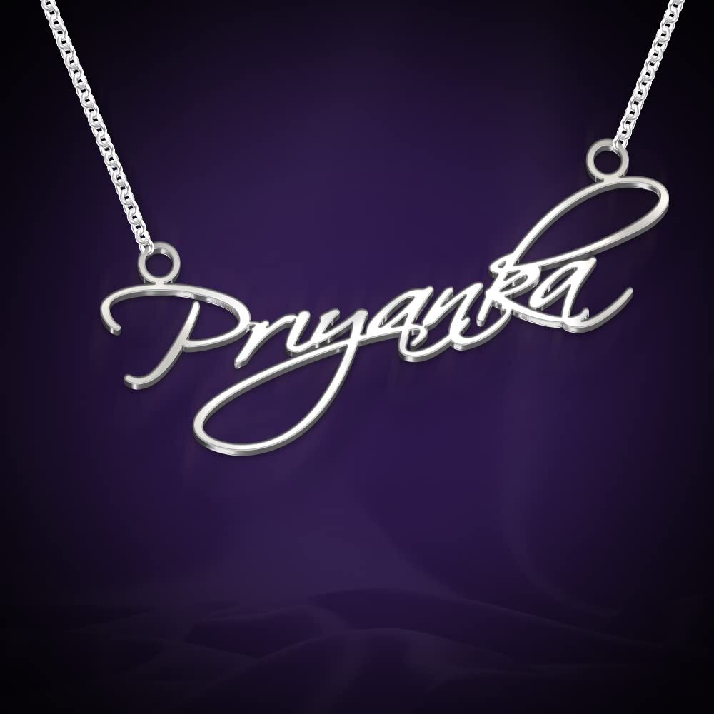 DREAMRAX Priyanka Cursive Silver Name Pendant Necklace, Best Jewelry Gift for Girls (Style 12 - Silver Cursive Name)