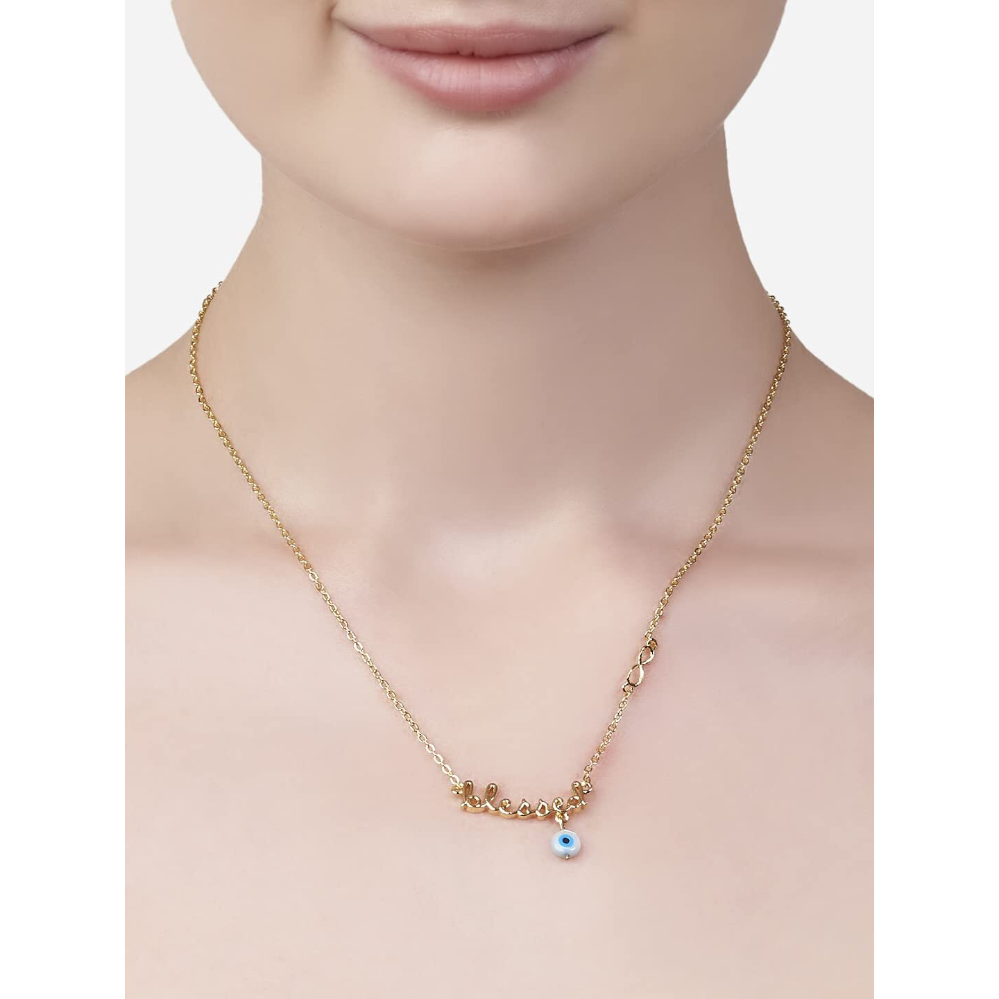 MINUTIAE Love Theme Blessed Quote with Turkish Blue Evil Eye/Nazar/Nazariya Pendant Brass Alloy Chain Necklace for Women & Girls - Gold | Symbolize Protection From Negative Energy