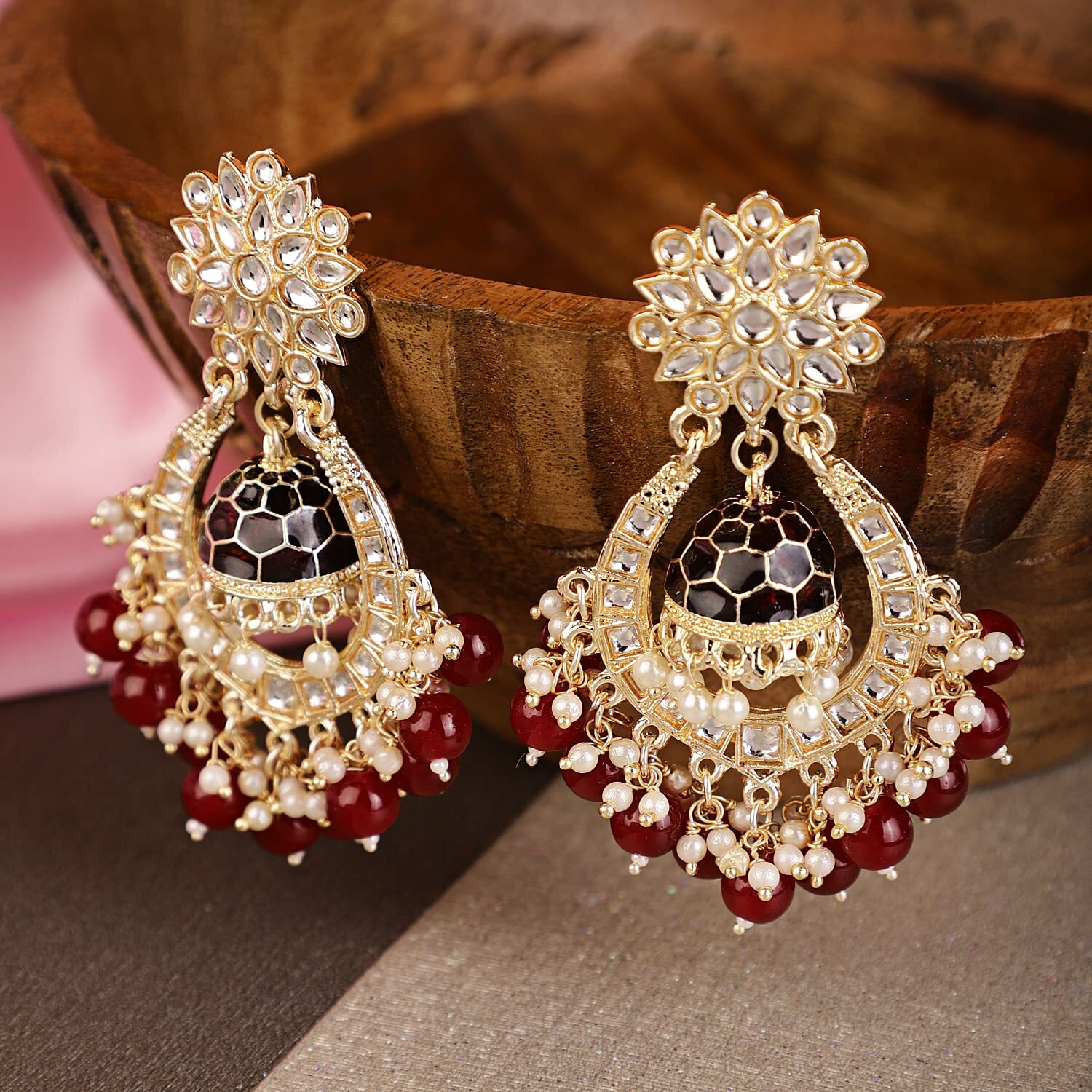 Shining Diva Fashion Latest Stylish Traditional Kundan Earrings for Women and Girls (13603er)(Maroon)