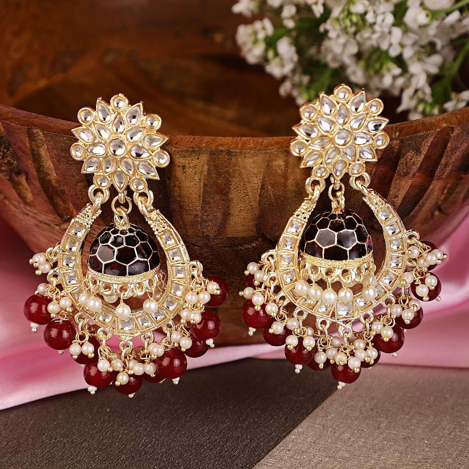 Shining Diva Fashion Latest Stylish Traditional Kundan Earrings for Women and Girls (13603er)(Maroon)