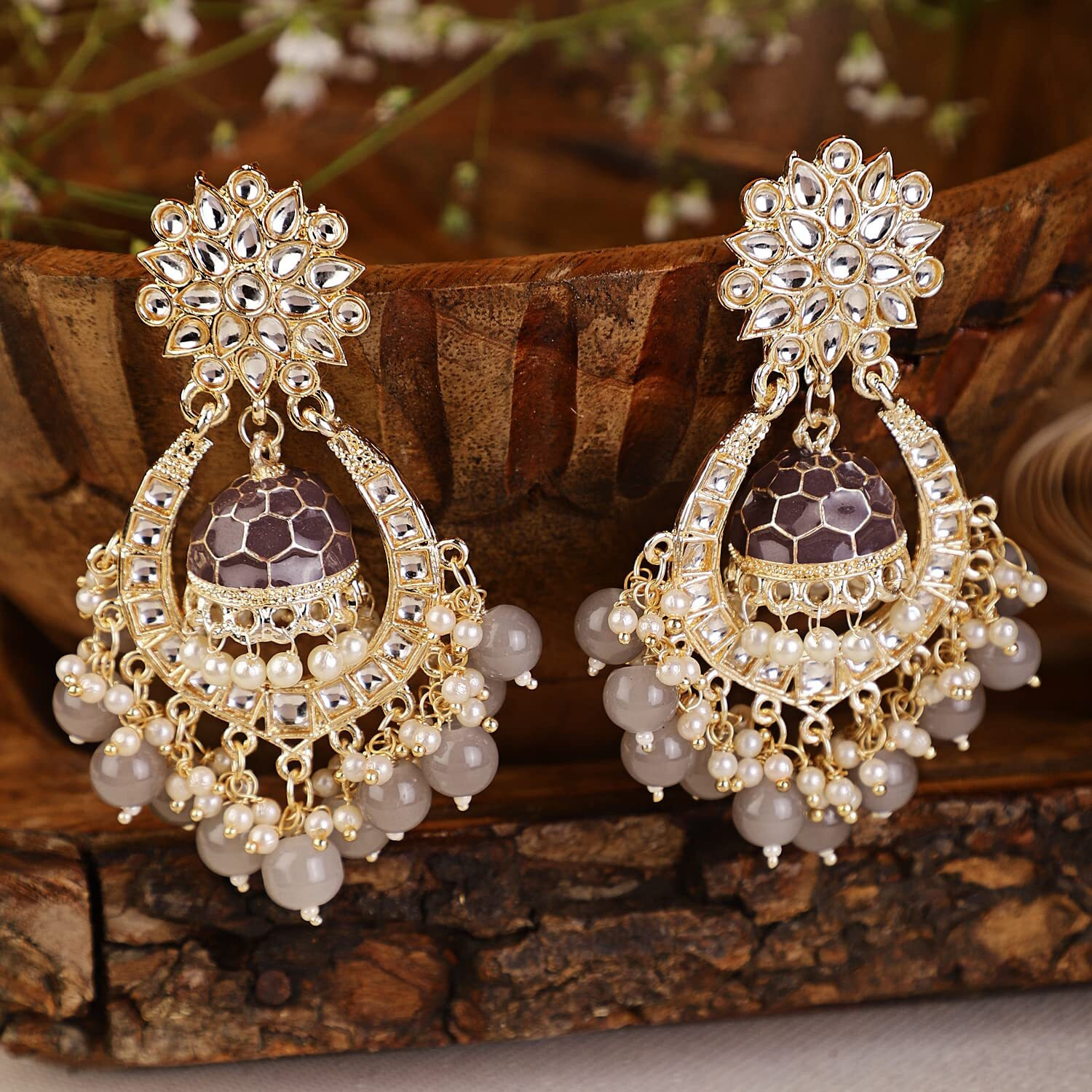 Shining Diva Fashion Latest Stylish Traditional Kundan Earrings for Women and Girls (13605er)(Brown)