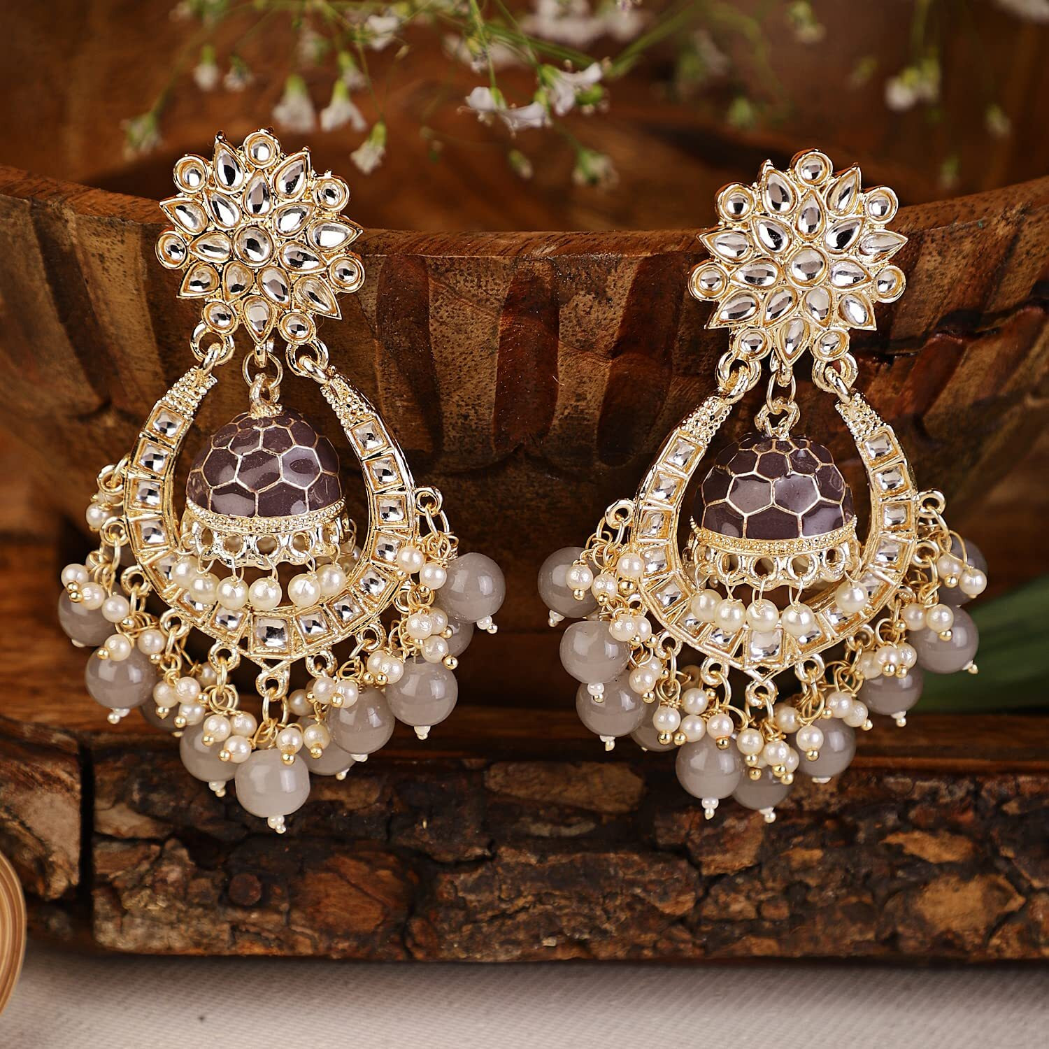 Shining Diva Fashion Latest Stylish Traditional Kundan Earrings for Women and Girls (13605er)(Brown)