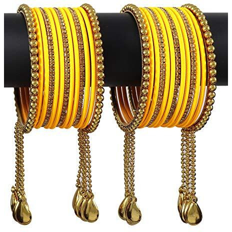 NMII Gold Plated Metal Bangles Set For Women & Girls with Zircon Gemstone & BallChain Linked | Latkan Bangle set | Traditional Bangles Bracelet | Stylish Gold Bangles-(F100-Yellow-2.4),(Pack Of 26)