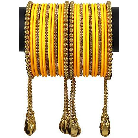 NMII Gold Plated Metal Bangles Set For Women & Girls with Zircon Gemstone & BallChain Linked | Latkan Bangle set | Traditional Bangles Bracelet | Stylish Gold Bangles-(F100-Yellow-2.4),(Pack Of 26)