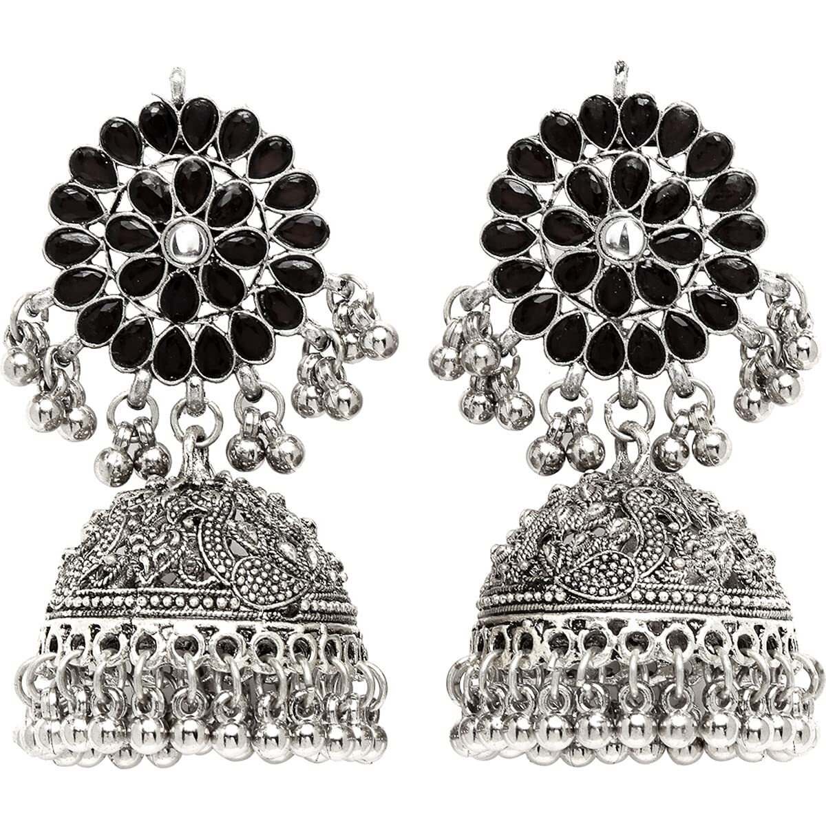 Karatcart Tribal Collection Traditional Indian Antique Oxidised Silver Stylish Afghan Jhumka Jhumki Earrings for Women Girls