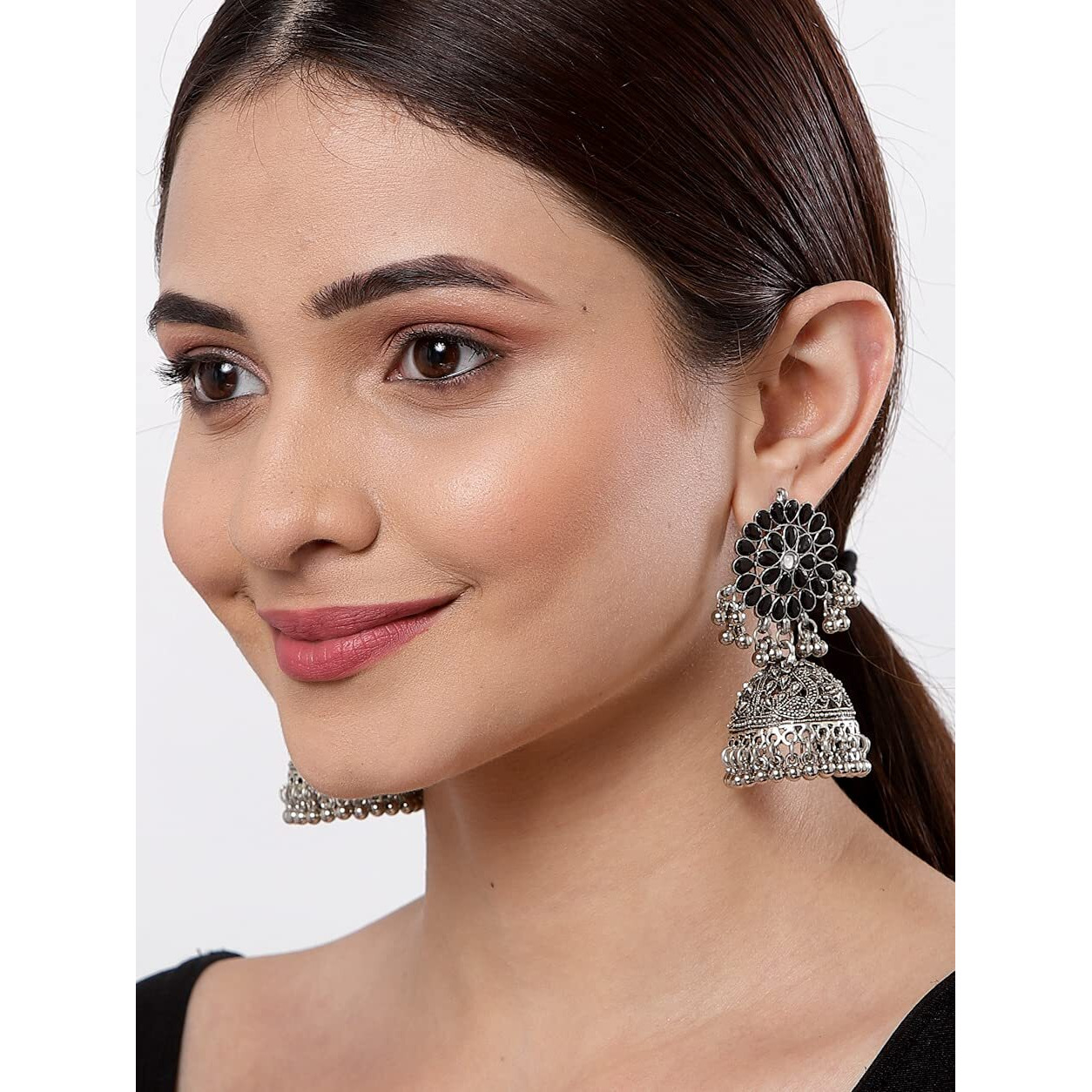 Karatcart Tribal Collection Traditional Indian Antique Oxidised Silver Stylish Afghan Jhumka Jhumki Earrings for Women Girls