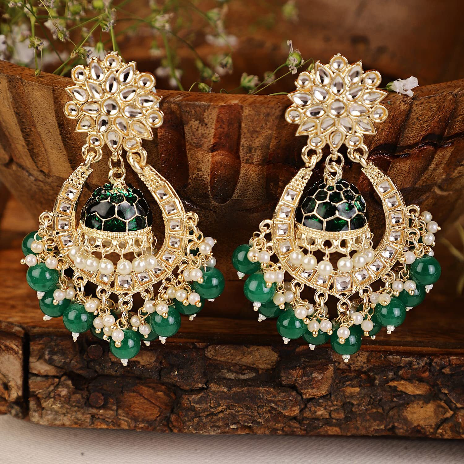 Shining Diva Fashion Latest Stylish Traditional Kundan Earrings for Women and Girls (13602er)(Green)