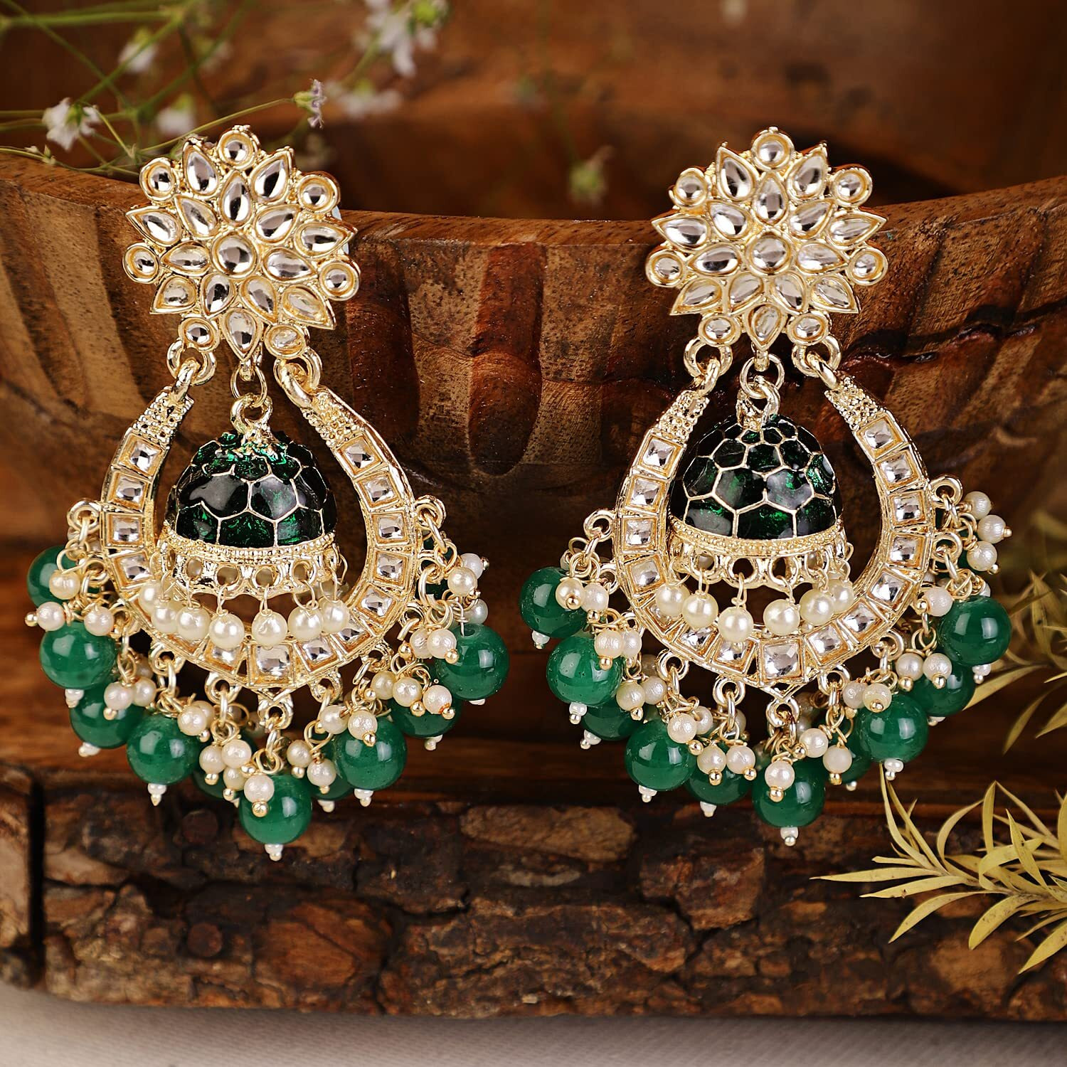 Shining Diva Fashion Latest Stylish Traditional Kundan Earrings for Women and Girls (13602er)(Green)