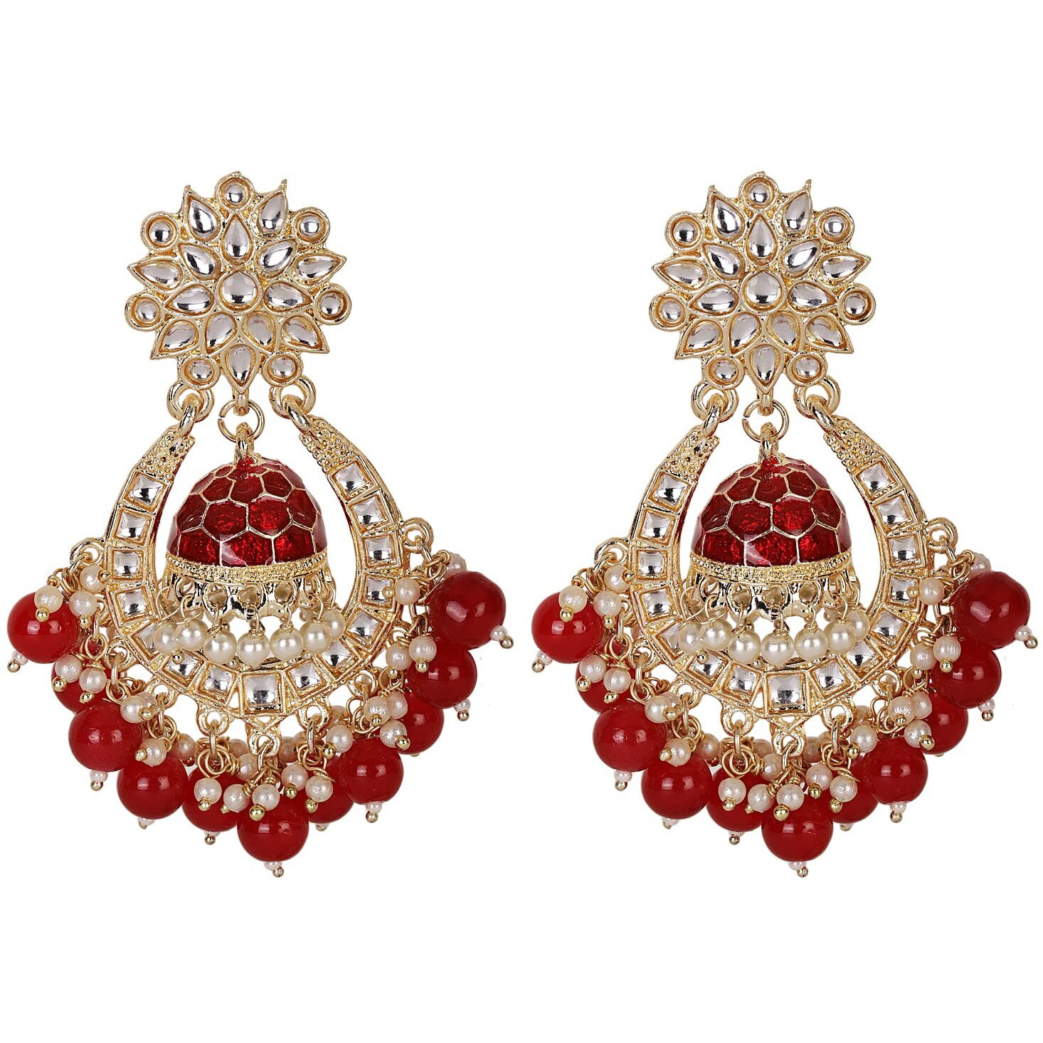 Shining Diva Fashion Latest Stylish Traditional Kundan Earrings for Women and Girls (13600er)(Red)