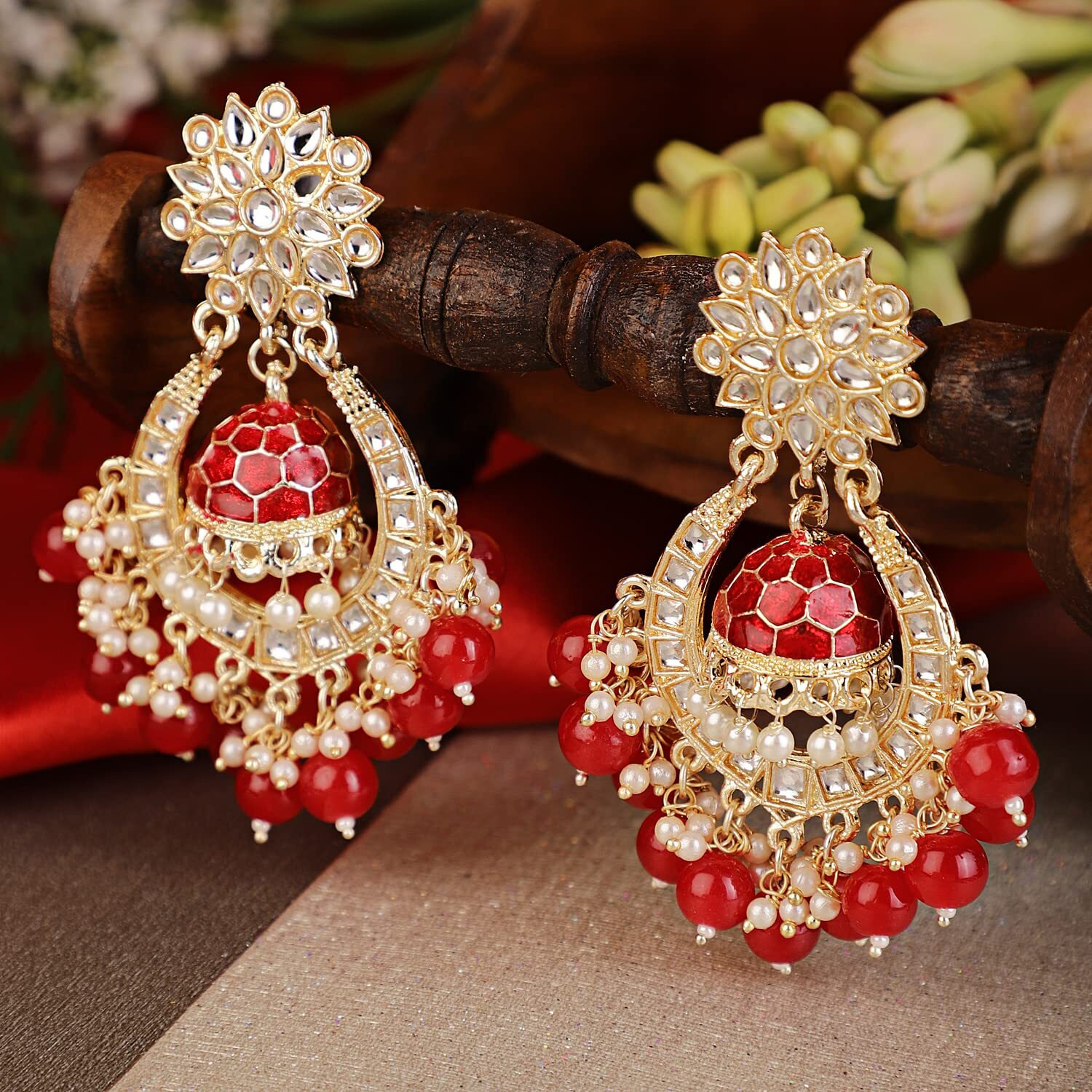 Shining Diva Fashion Latest Stylish Traditional Kundan Earrings for Women and Girls (13600er)(Red)