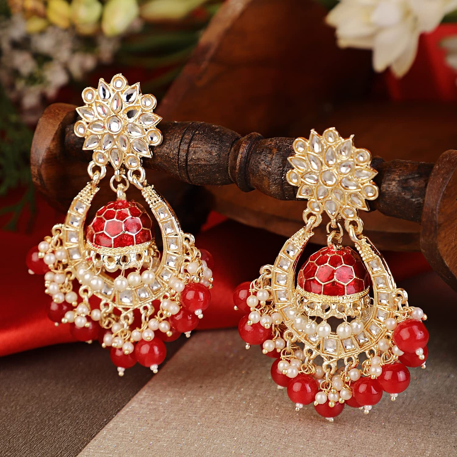 Shining Diva Fashion Latest Stylish Traditional Kundan Earrings for Women and Girls (13600er)(Red)