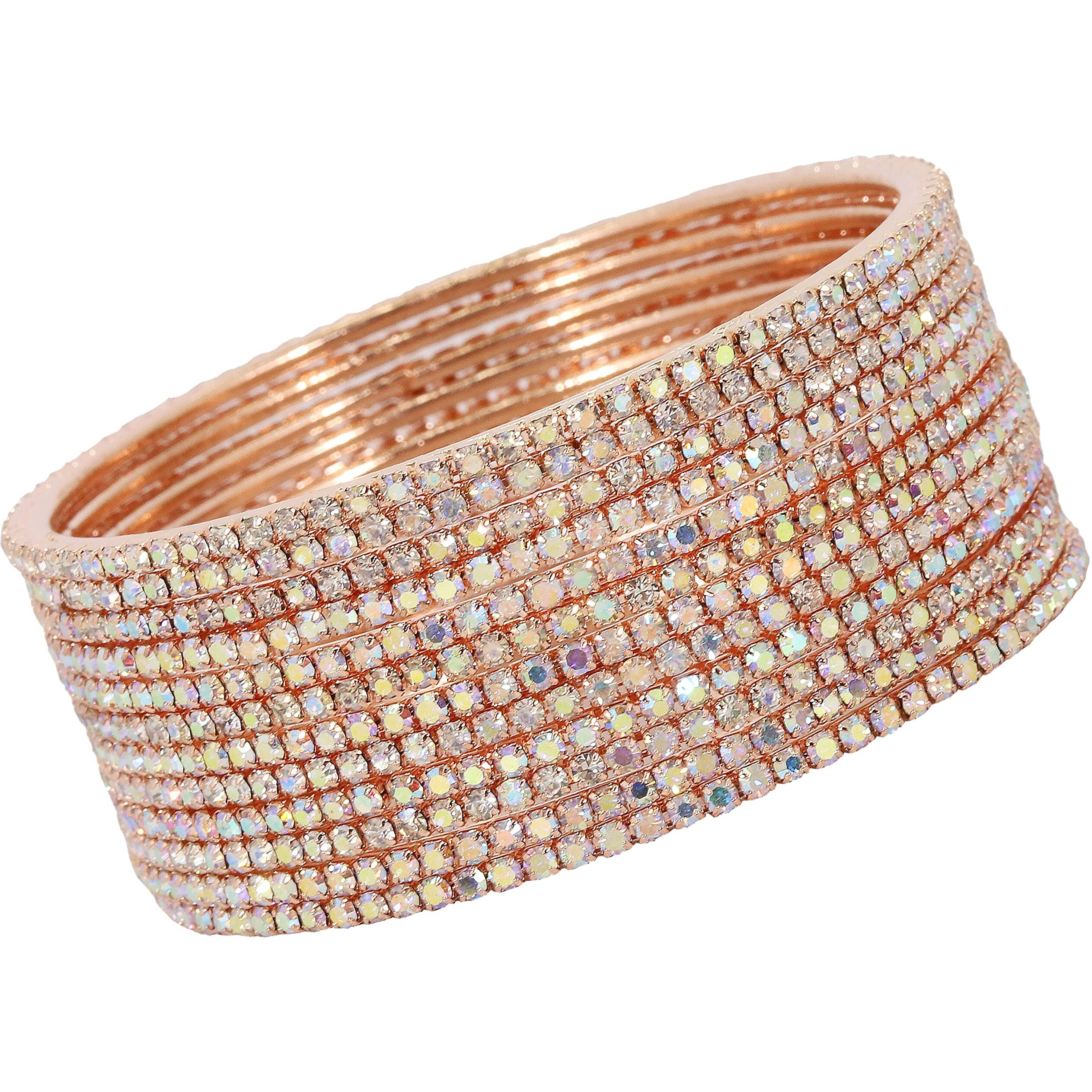 ZULKA Non-Precious Metal Base Metal with Zircon Gemstone Studded worked Glossy Finished Bangle Set For Women and Girls, (RoseGold-Rainbow_2.8 Inches), Pack Of 12 Bangle Set