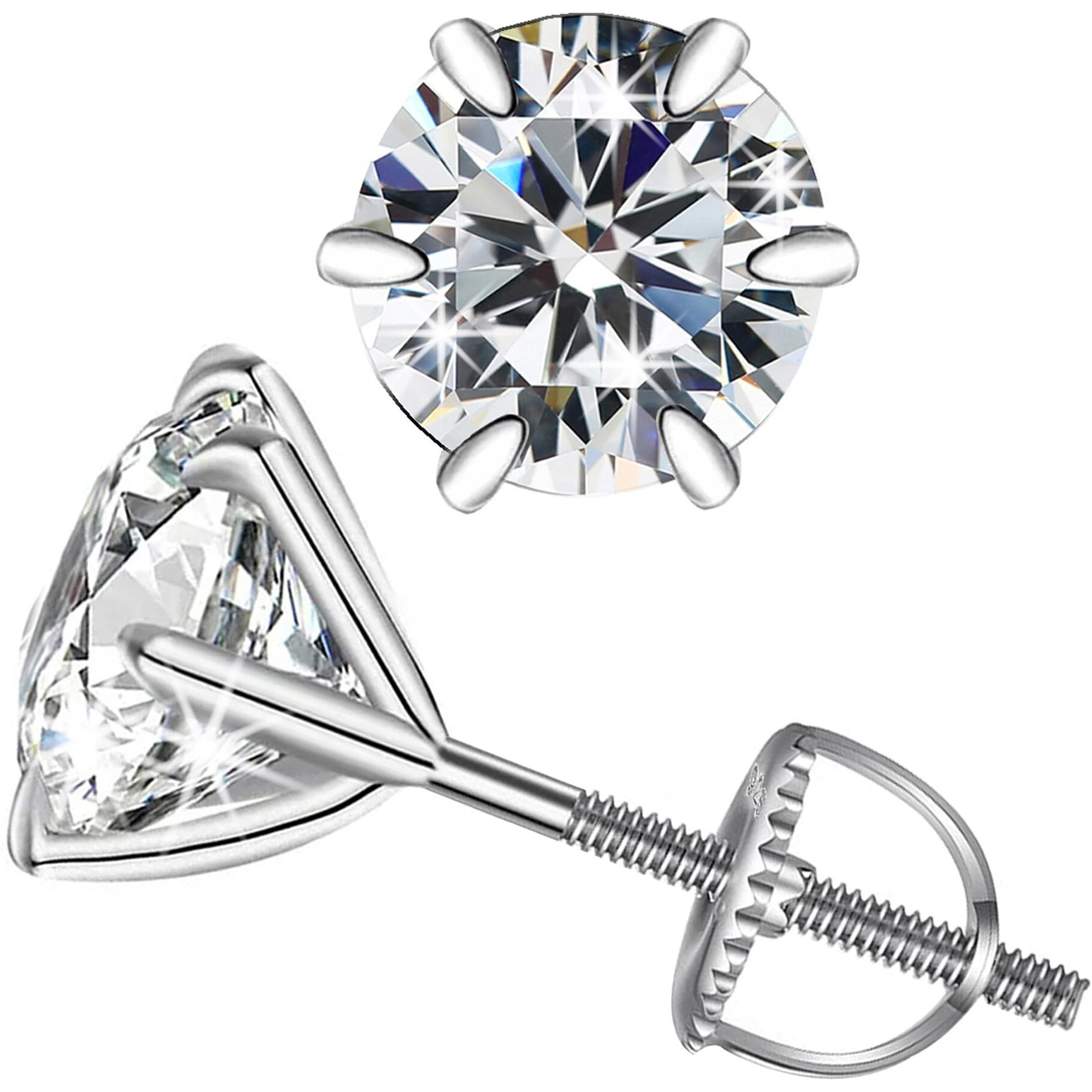 SIVYAA White Solitaire Diamond Screw Back Stud Earrings Set | Pure 925 Sterling Silver | Round Brilliant Cut Cubic Zirconia Ear Tops | Gift Item for Men Women Boys Girls Baby | 6 Month Warranty, 3MM